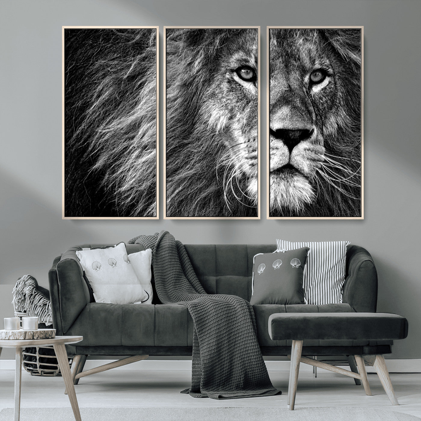 MGV-FC-48X32-3P - Black and White Lion Canvas Wall Art Print