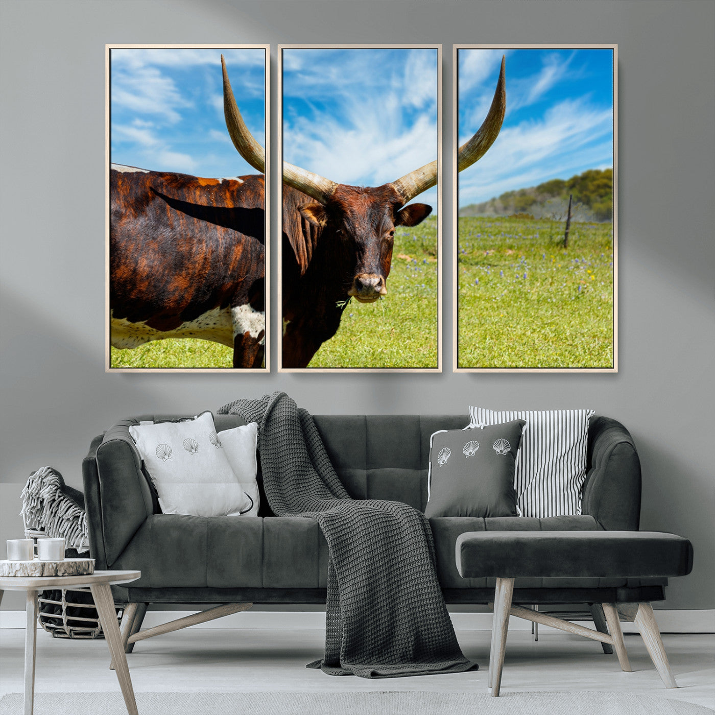 MGV-FC-48X32-3P - Longhorn and Cow Wall Art, Country Cow Wall Decor Canvas Print