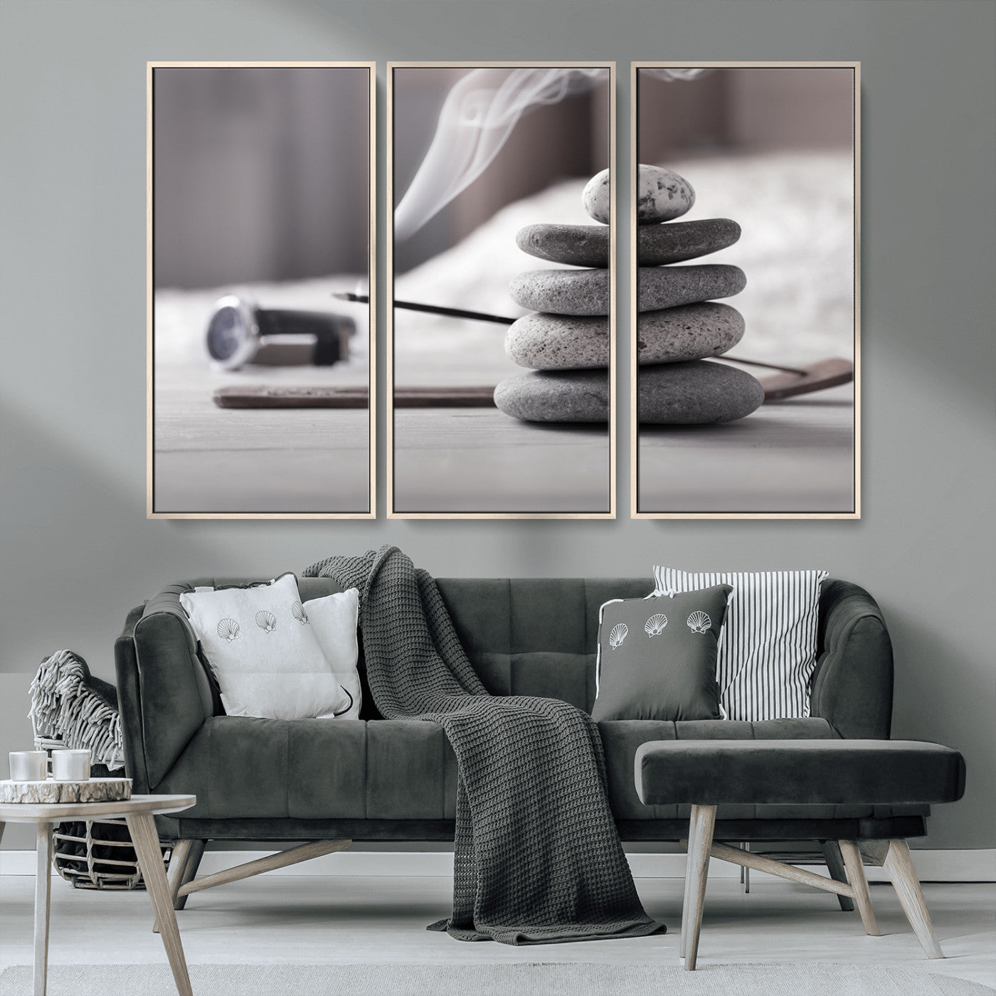 MGV-FC-48X32-3P - Burning Incense and Zen Stones Buddhism Wall Art, Zen Stones Wall Art Canvas Print