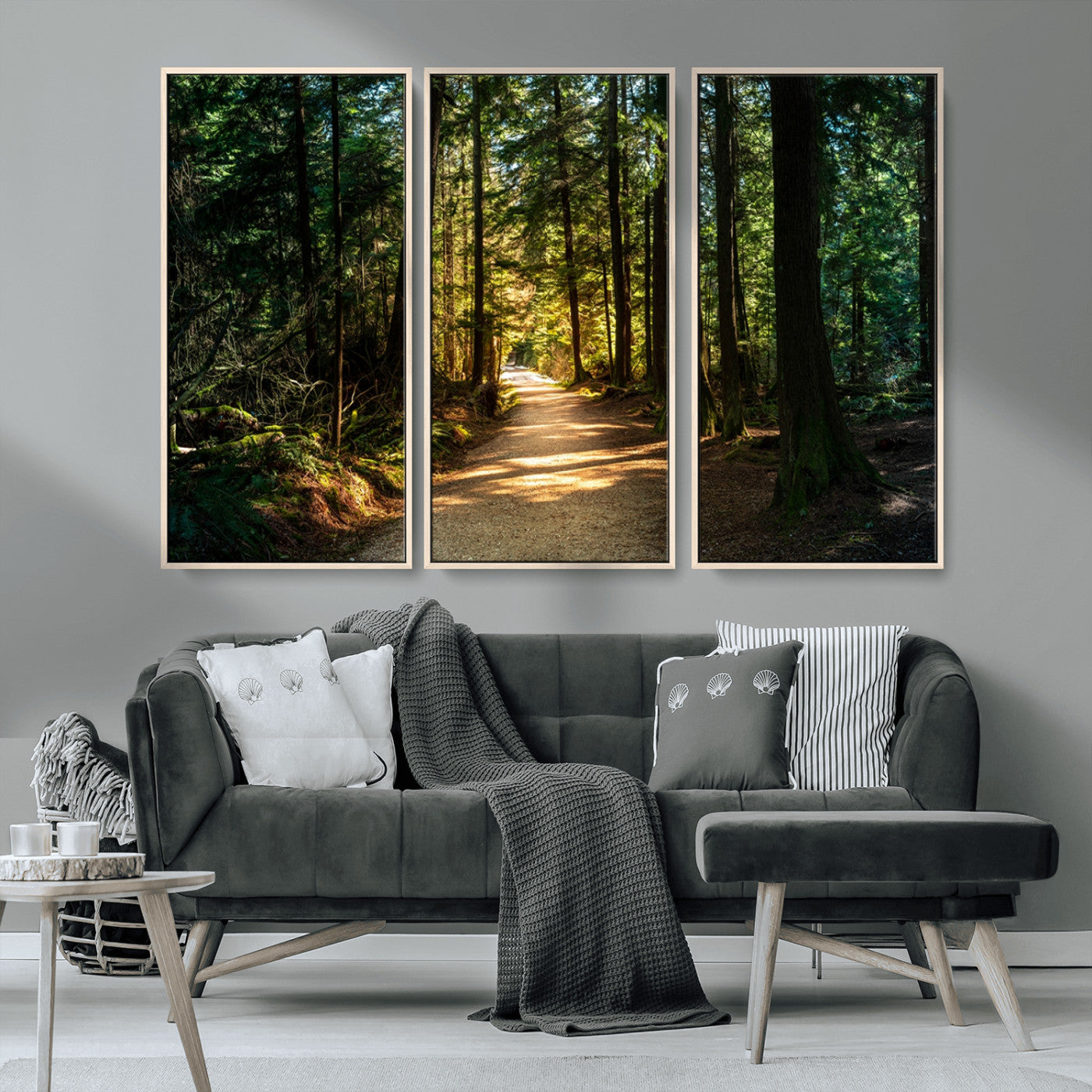 MGV-FC-48X32-3P - Sunlit Forest Pathway Canvas Print | 3 Panel Large Nature Wall Art for Living Room, Office, or