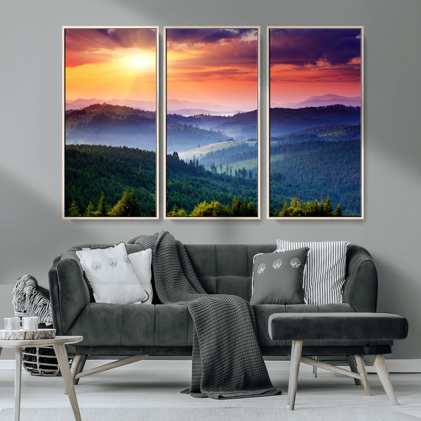 MGV-FC-48X32-3P - Beautiful Sunset over Hills Forest Landscape Canvas Wall Art Print