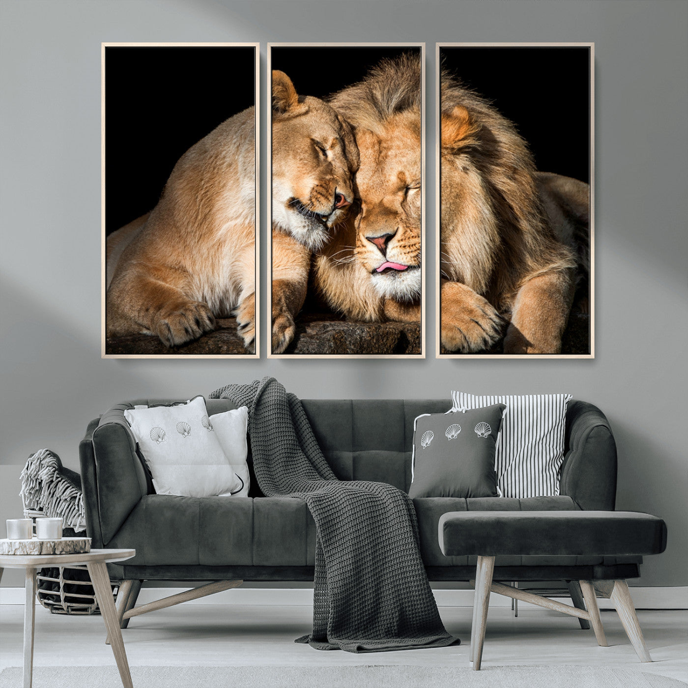 MGV-FC-48X32-3P - Lion and Lioness Wall Art Print Canvas | 3-Panel African Wildlife Canvas Print | Animal-Themed Art