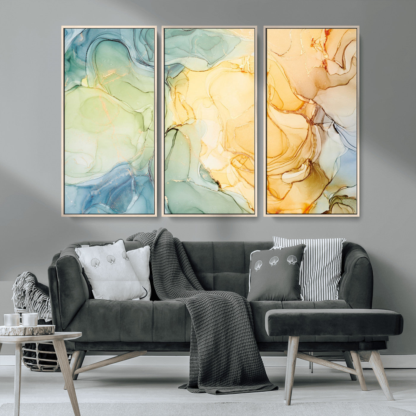 -Green and Yellow Marble Fluid Effect Wall Art, Green and Yellow Marble Canvas Wall Art Print