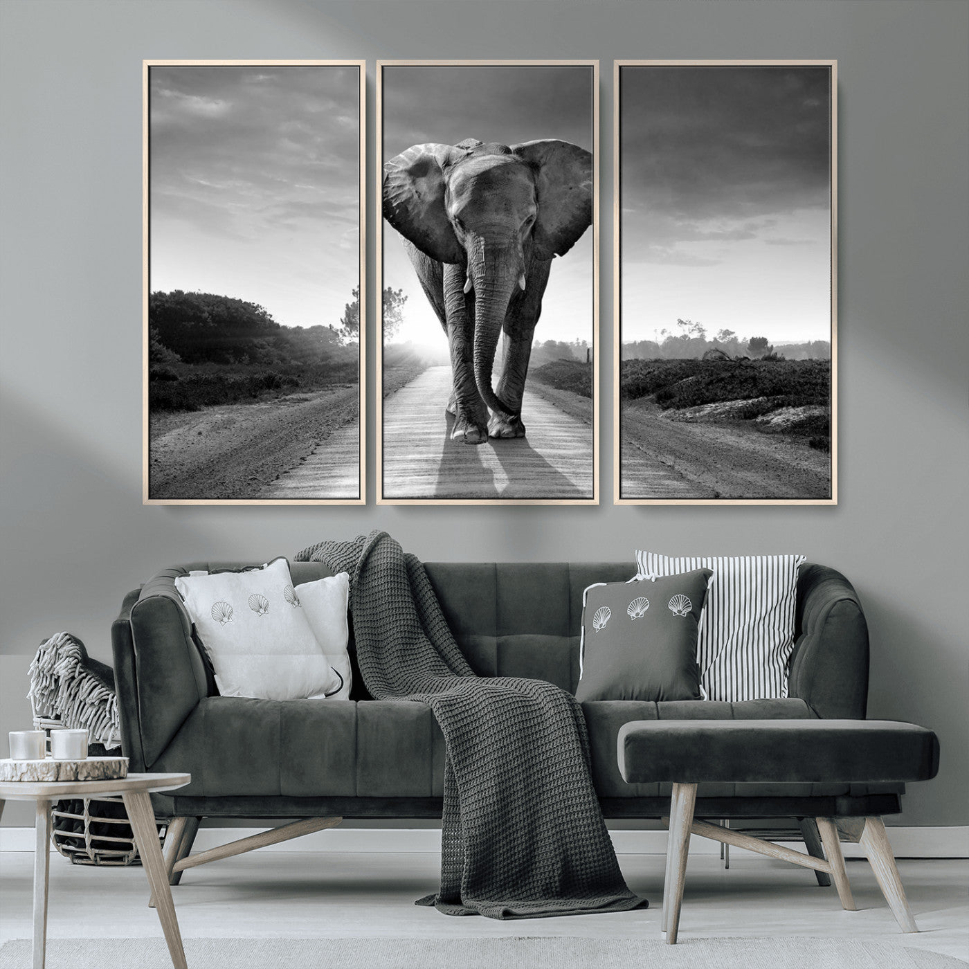 MGV-FC-48X32-3P - Black and White Elephant Wall Art Canvas Print