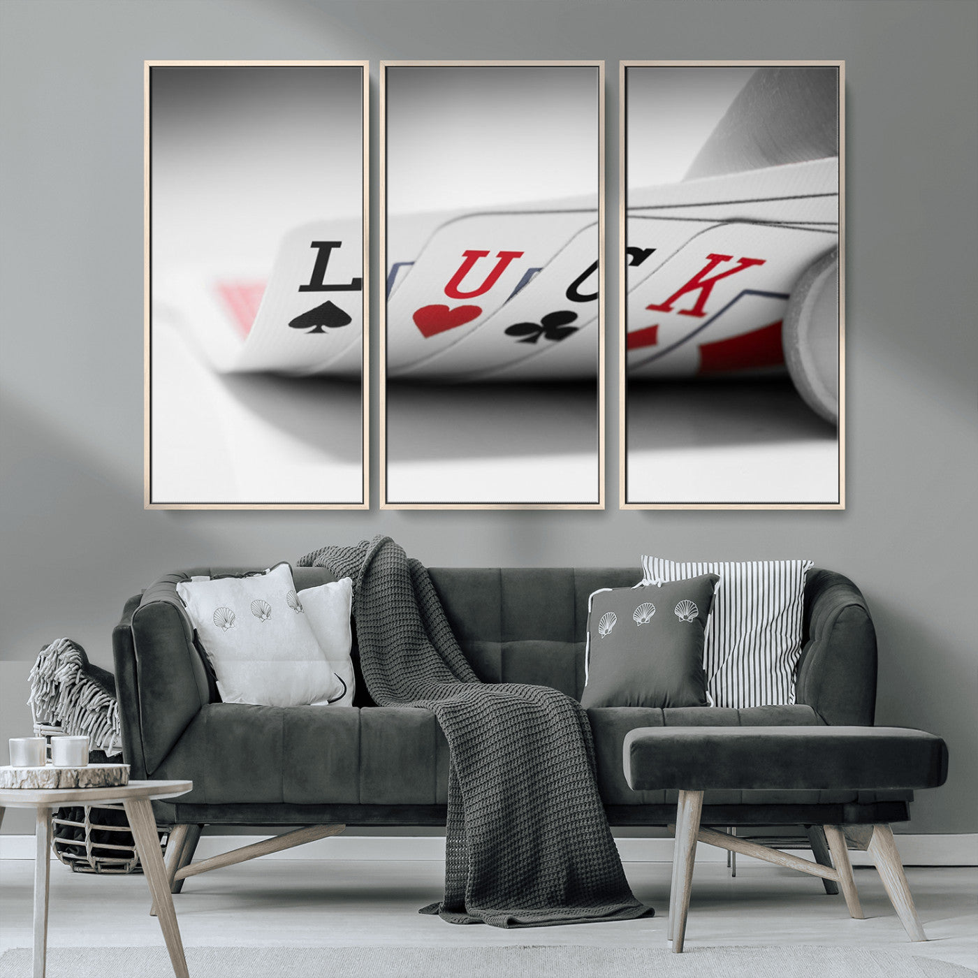 MGV-FC-48X32-3P - Framed Luck Poker Cards Canvas – Modern Triptych Wall Art, Ready to Hang for Game Rooms