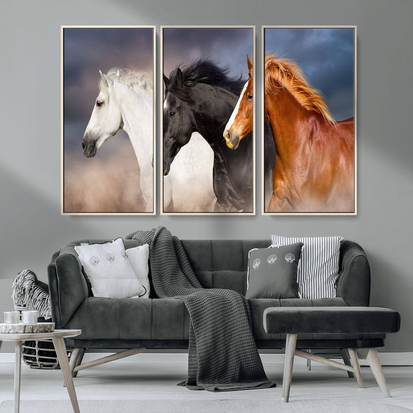 MGV-FC-48X32-3P - Animal Wall Art Three Horses Farmhouse Art Canvas, Framed Three Horses Canvas Print