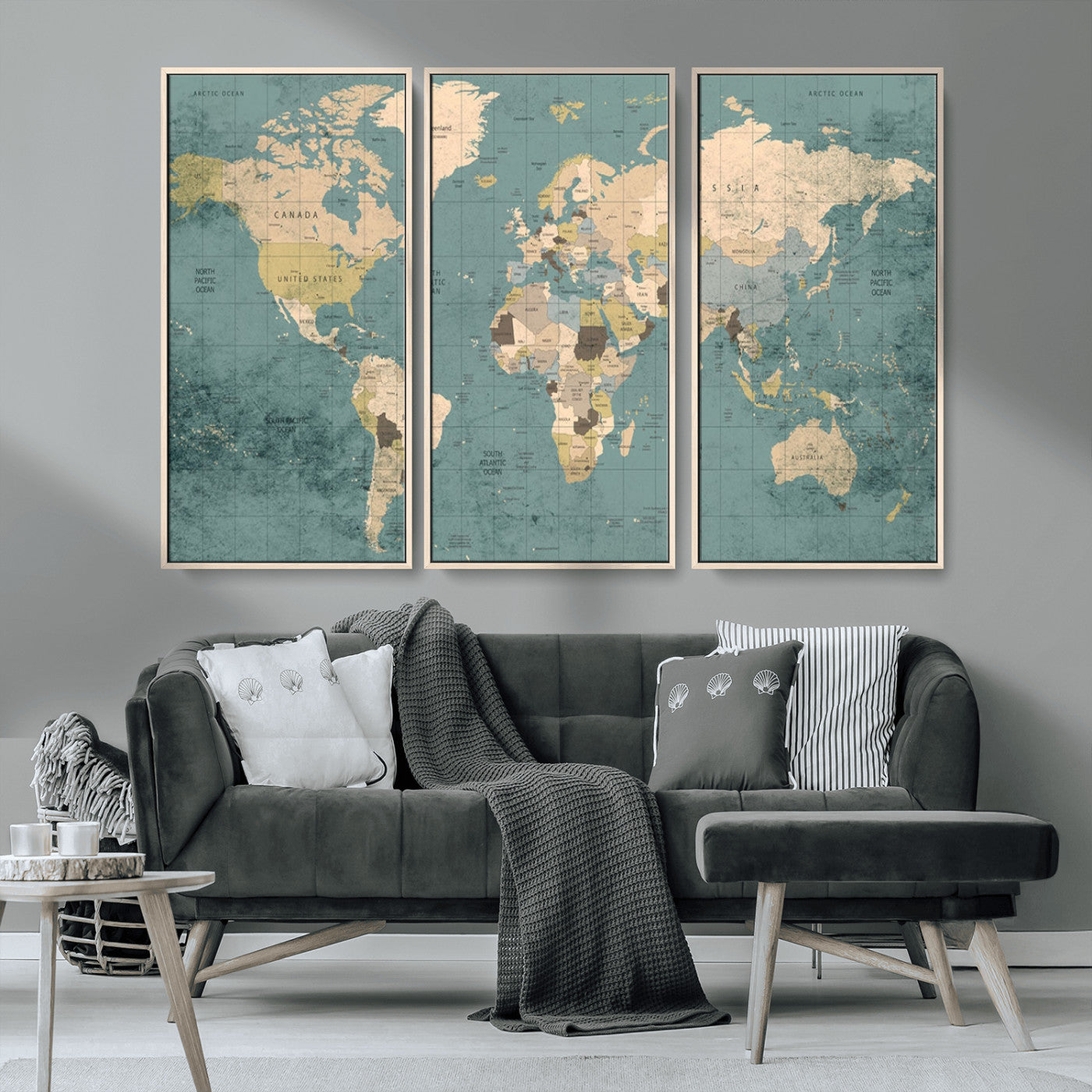 MGV-FC-48X32-3P - Classic World Map Wall Art Canvas Print, Framed Retro Map Art Picture Print, Vintage Atlas Perfect Rustic Explorer Decor Artwork