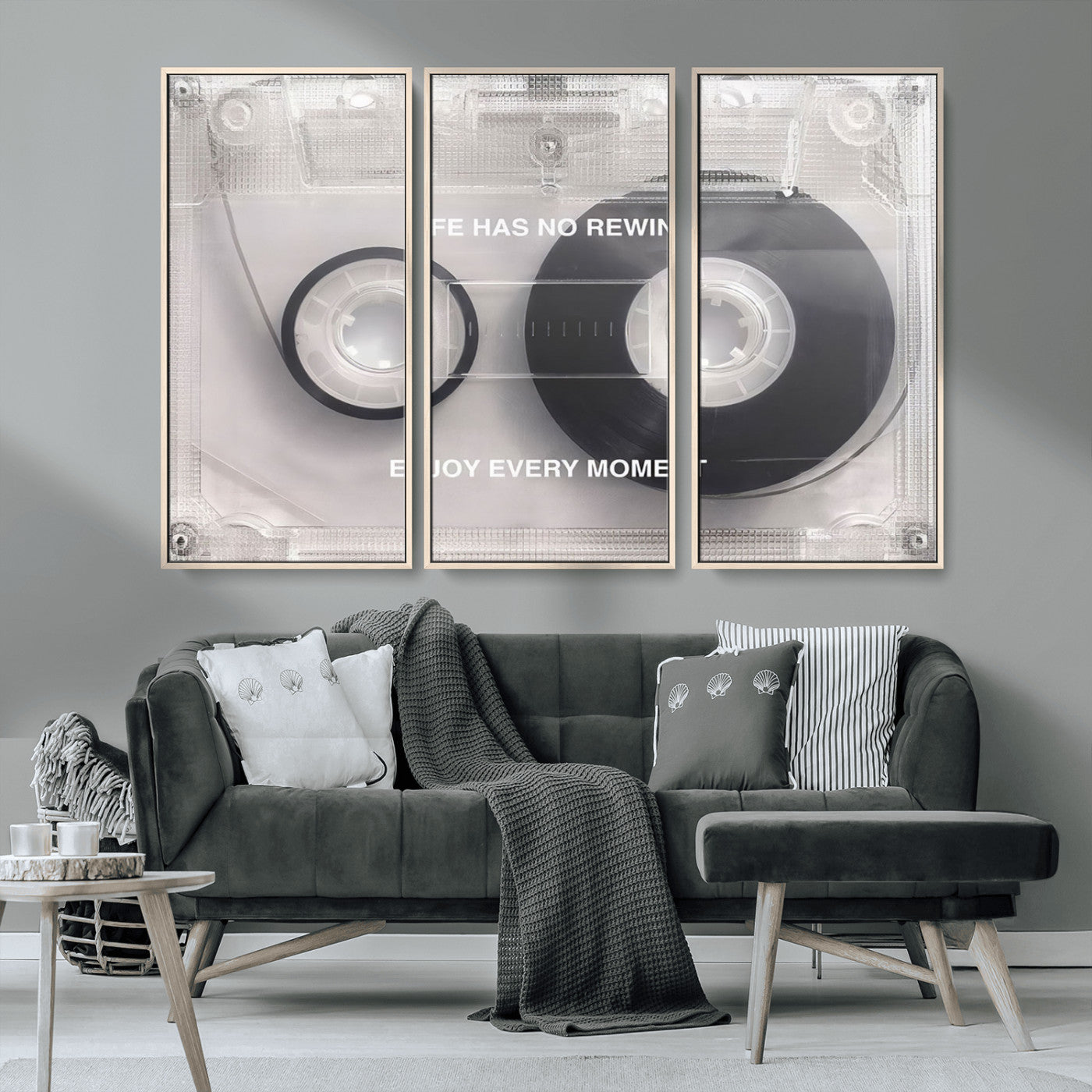 MGV-FC-48X32-3P - Vintage Cassette Tape Canvas Wall Art - Inspirational 'Life Has No Rewind' Quote, Retro Music Decor