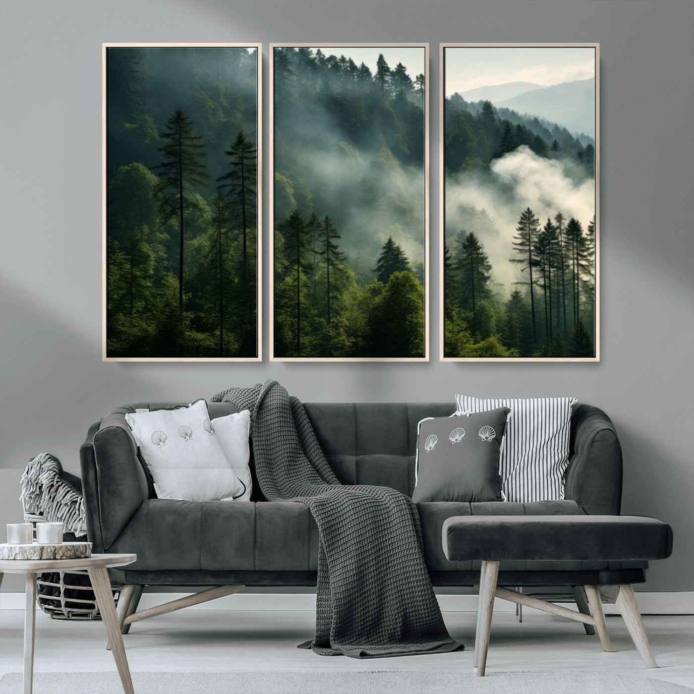 MGV-FC-48X32-3P - Misty Forest Wall Art Premium Canvas Print a Foggy and Serene Atmosphere