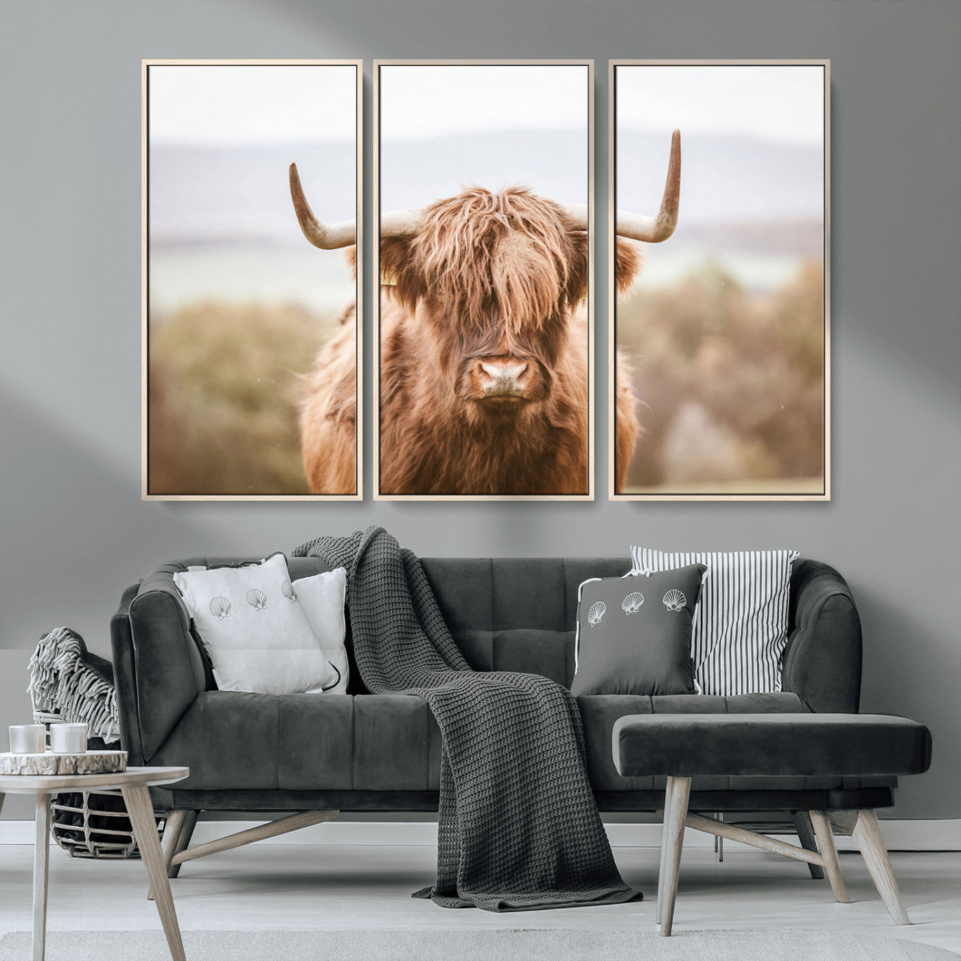 MGV-FC-48X32-3P - Scottish Serene Highland Cow Canvas Wall Art – Serene Highland Cow in Natural Pastel Tones – Ready