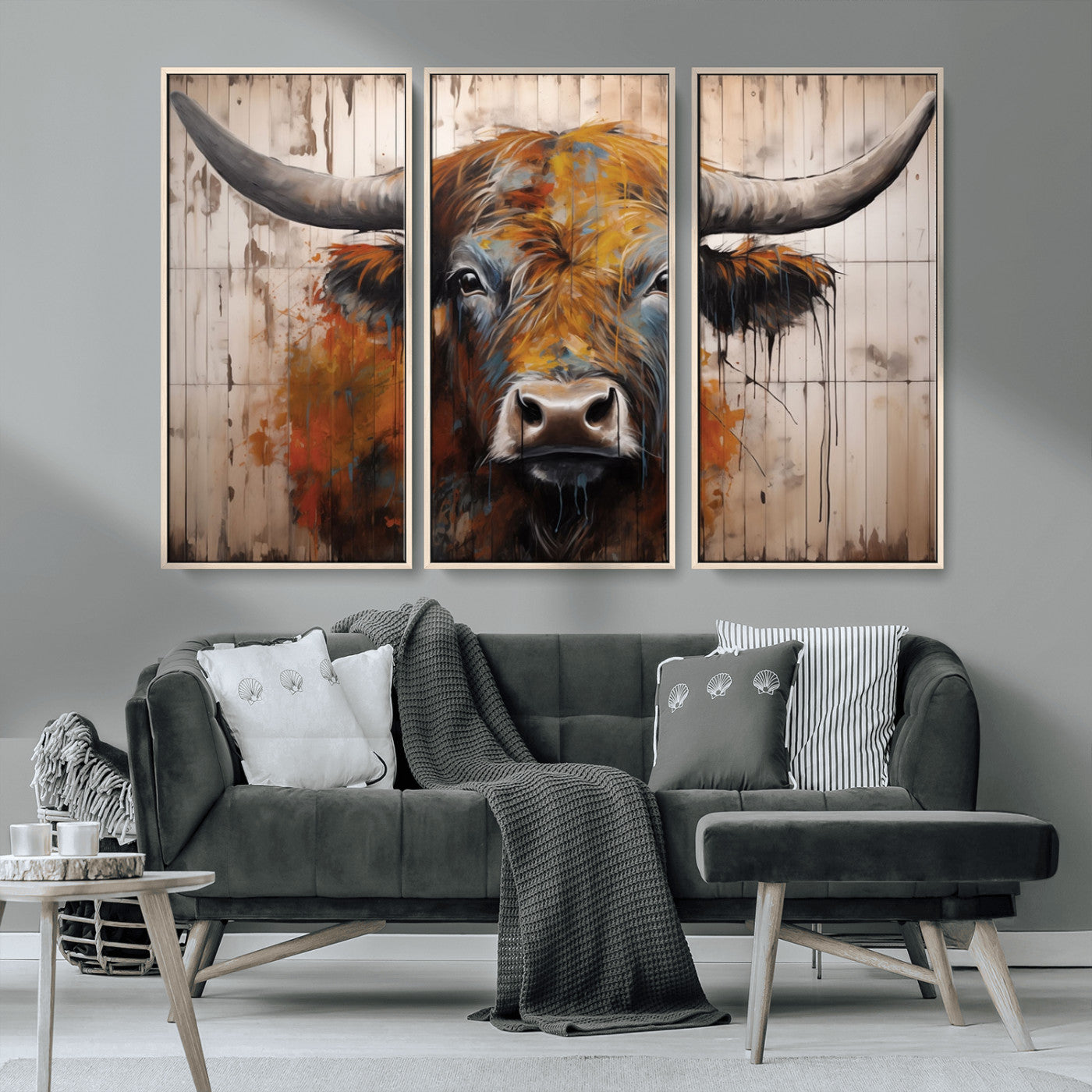 MGV-FC-48X32-3P - Abstract Bull Highland Cow Canvas Wall Art Print – Vibrant Rustic Charm in Modern Farmhouse Decor –