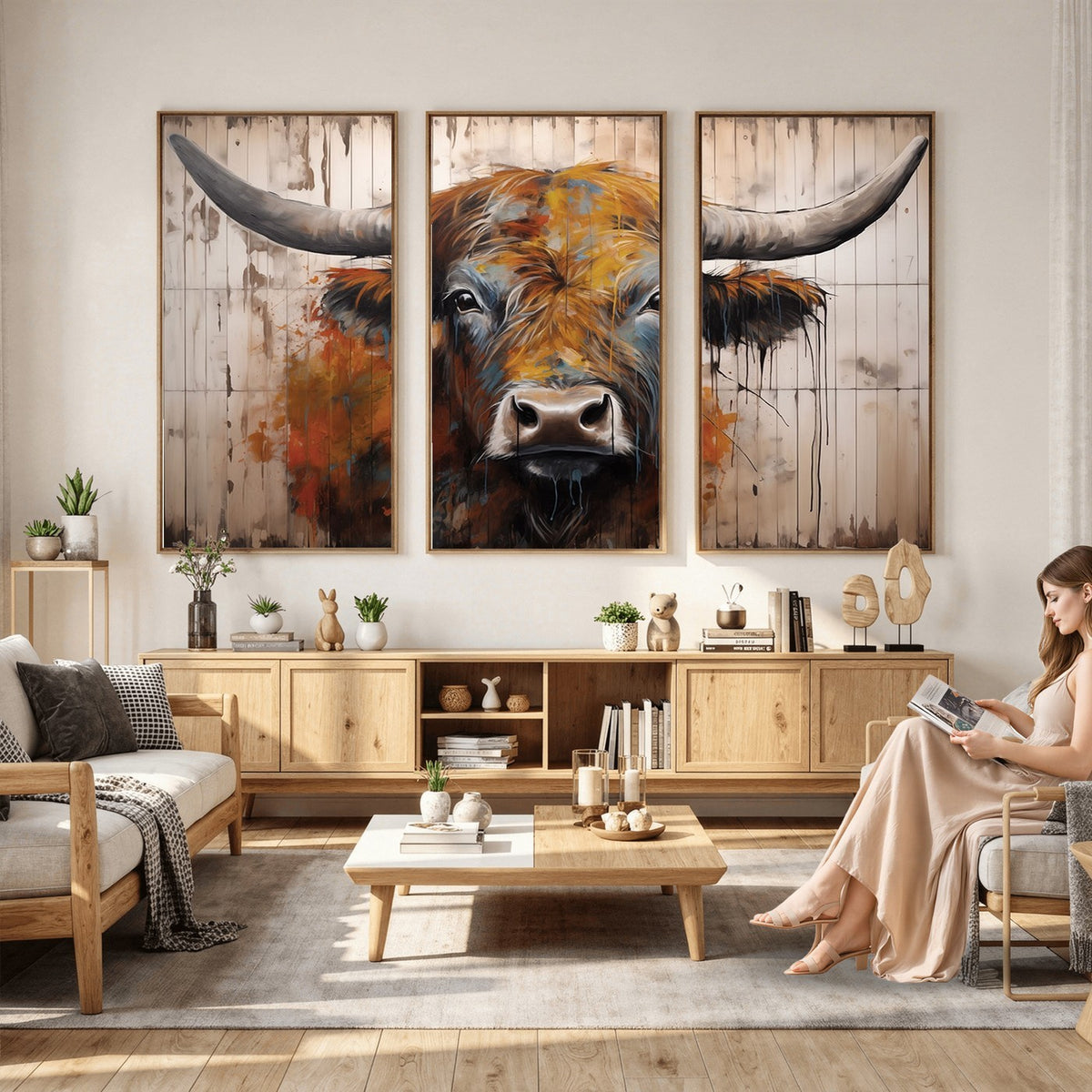 47284-MGV-CV-24X16 - Abstract Bull Highland Cow Canvas Wall Art Print