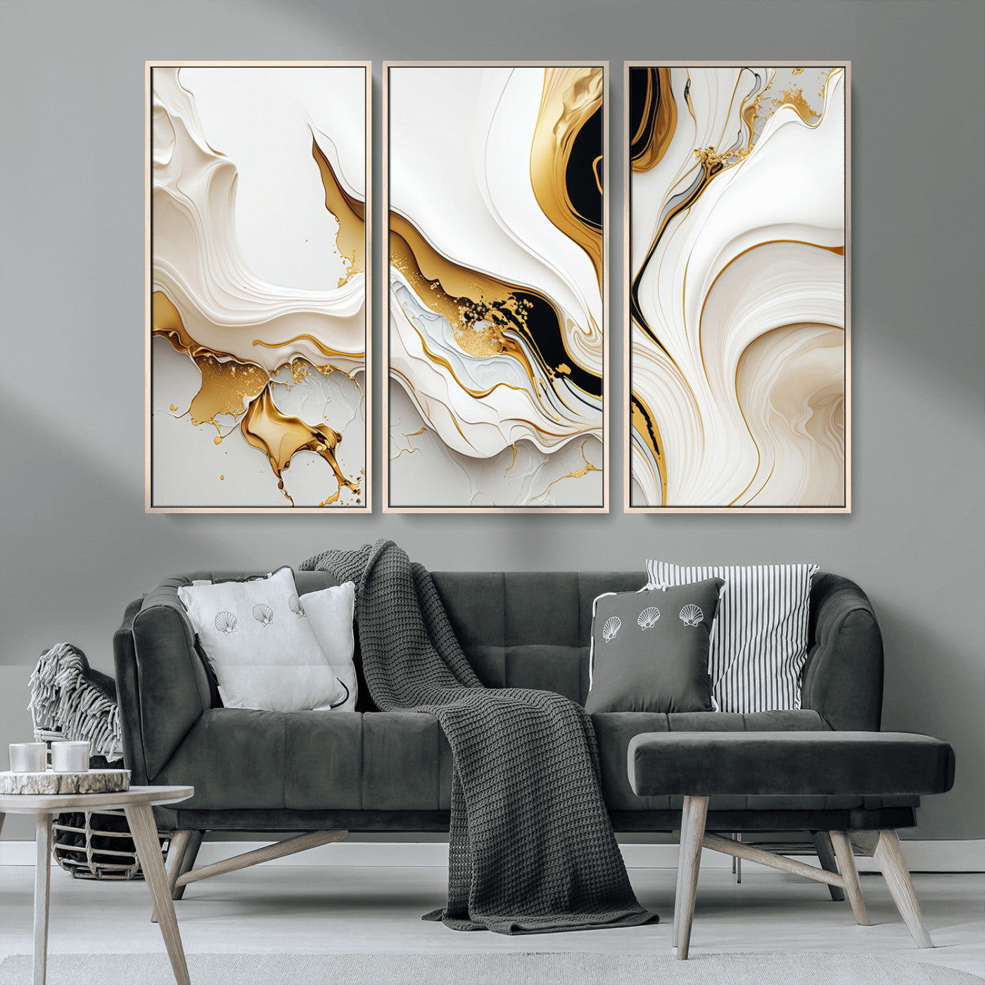 -Gold Waves on Pure White Canvas – Gold Abstract Art for Modern Interiors | Wall Art Canvas, Framed &