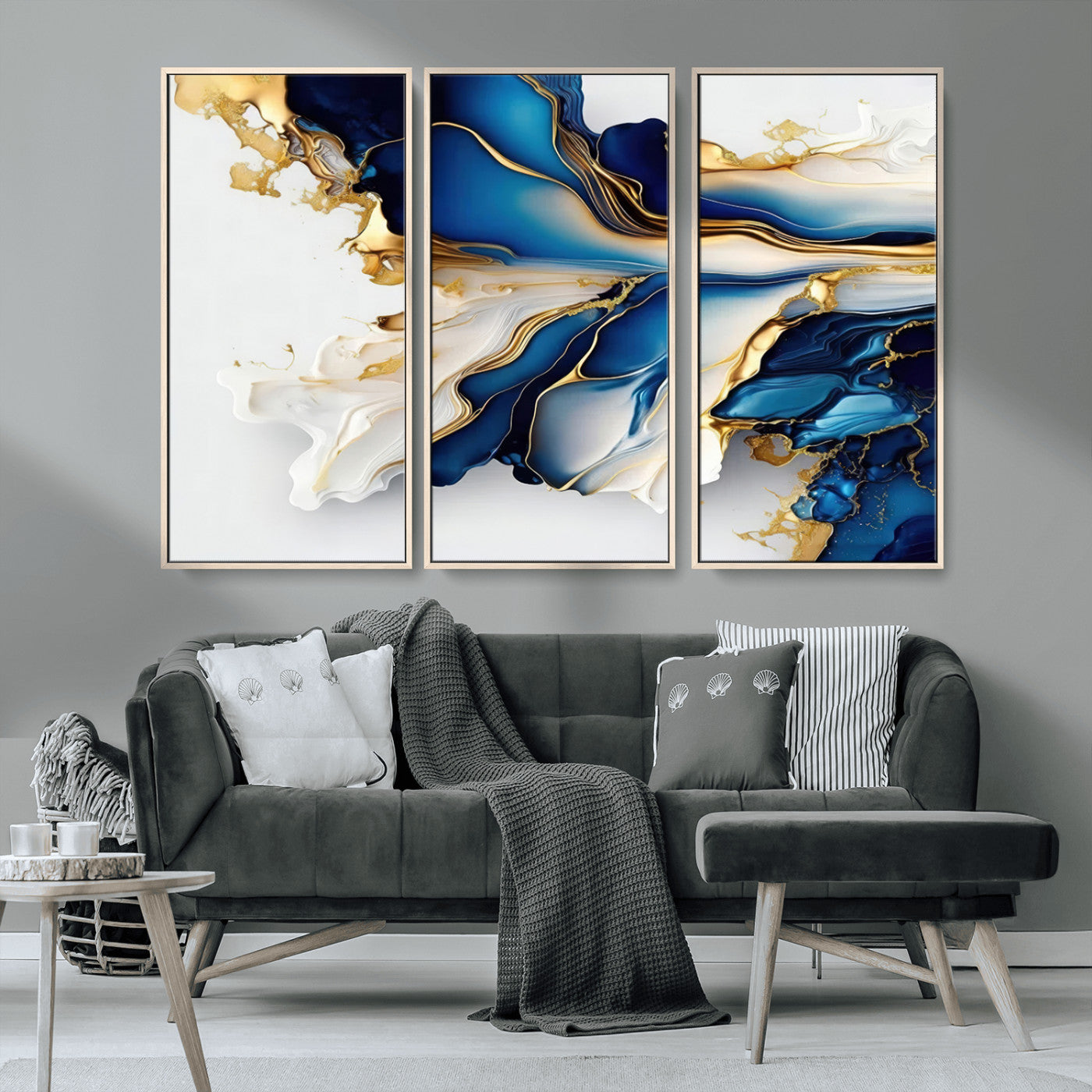 MGV-FC-48X32-3P - Gold Marble Art - Abstract Geode Gold And Blue Marble Shape 3 Pieces Wall Art Canvas Print