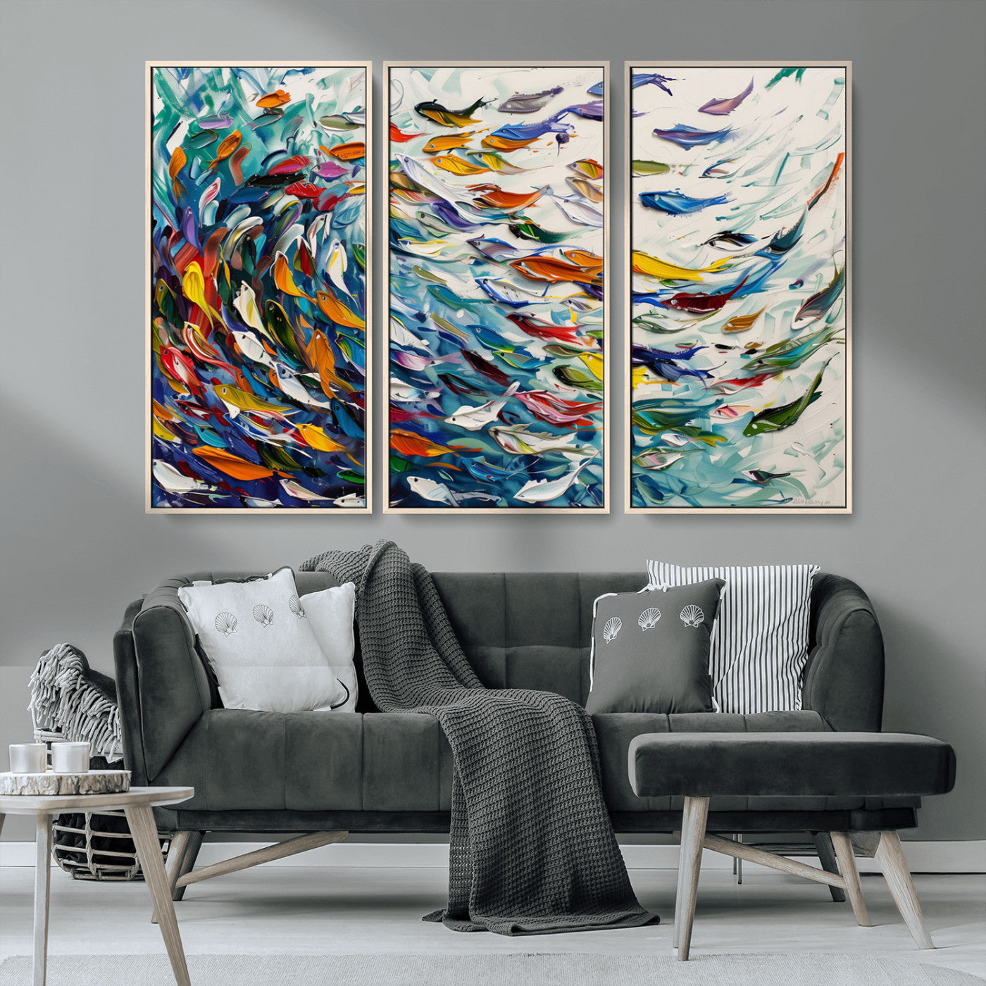 MGV-FC-48X32-3P - Modern Abstract Fish Shoal Wall Art Canvas Print, Colorful Fish Herd Painting on Canvas Print, Ocean