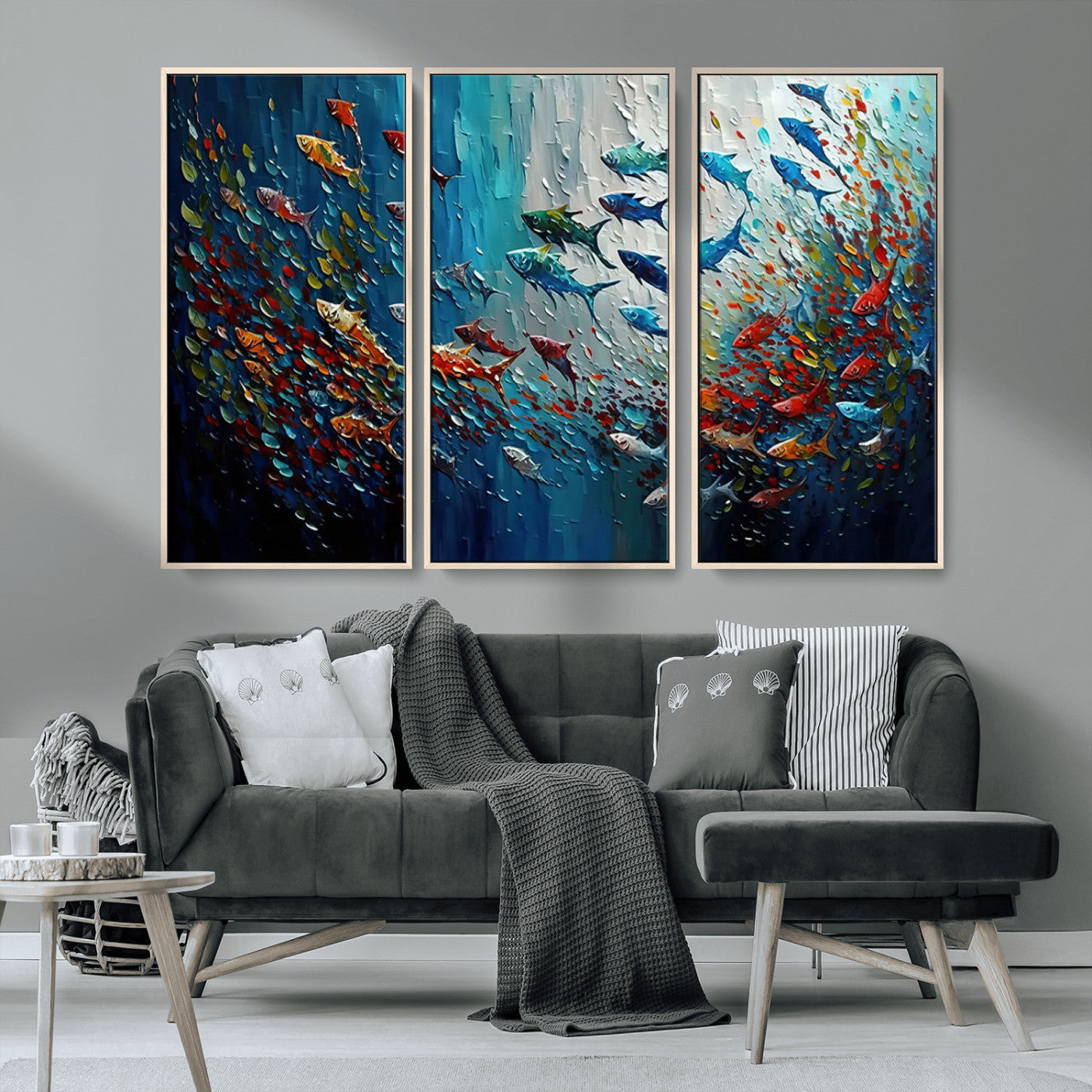 MGV-FC-48X32-3P - Modern Abstract Fish Shoal Wall Art Canvas Print, Colorful Fish Herd Painting on Canvas Print, Ocean