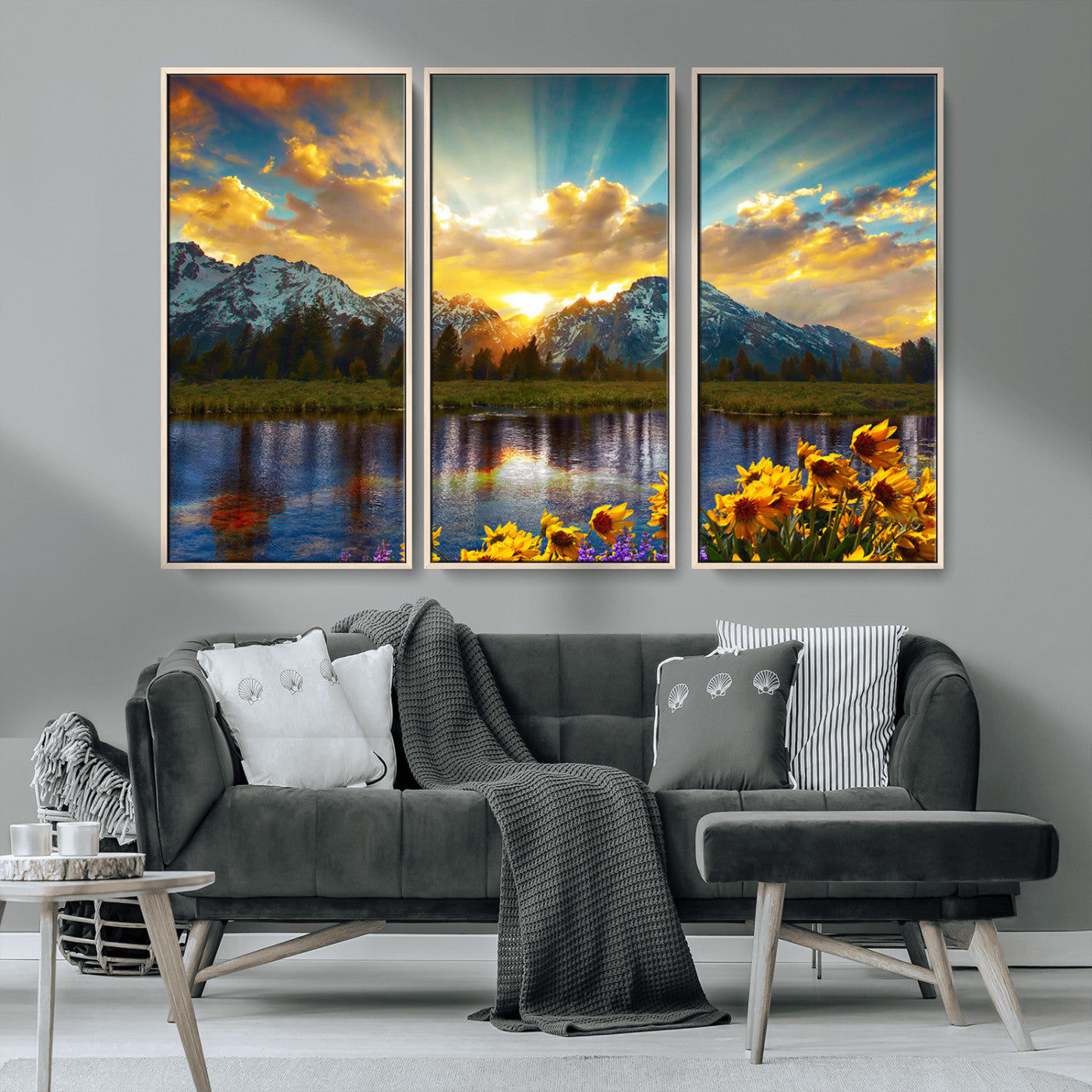 MGV-FC-48X32-3P - Grand Teton Park Amazing Mountain Landscape Sunset Wall Art Canvas Print
