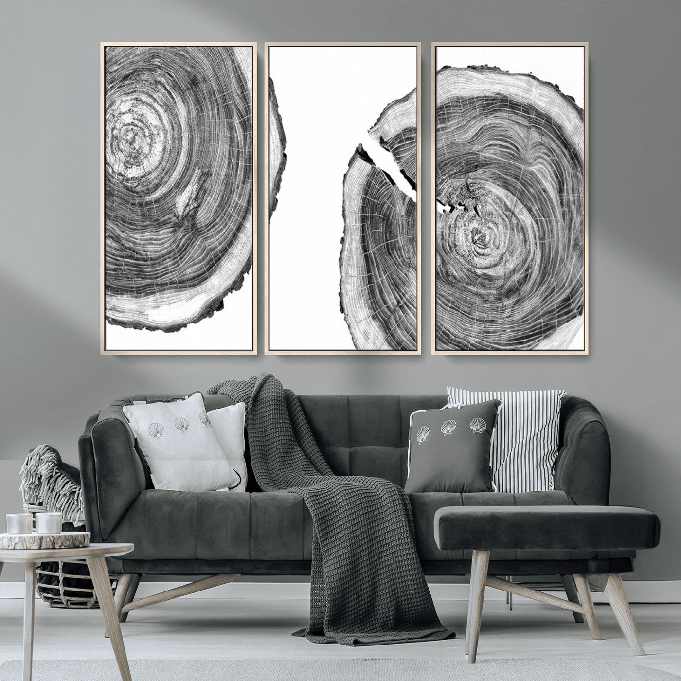 MGV-FC-48X32-3P - Modern Black and White Tree Rings Canvas Wall Art – Nature Inspired Wood Slice Print – Minimalist