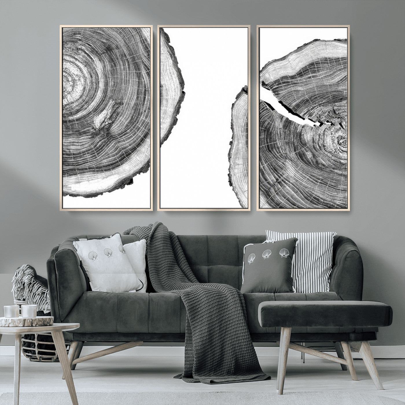 MGV-FC-48X32-3P - Abstract Large Tree Rings – Minimalist Black and White Wood Art | Triptych Canvas, Modern Wall Decor