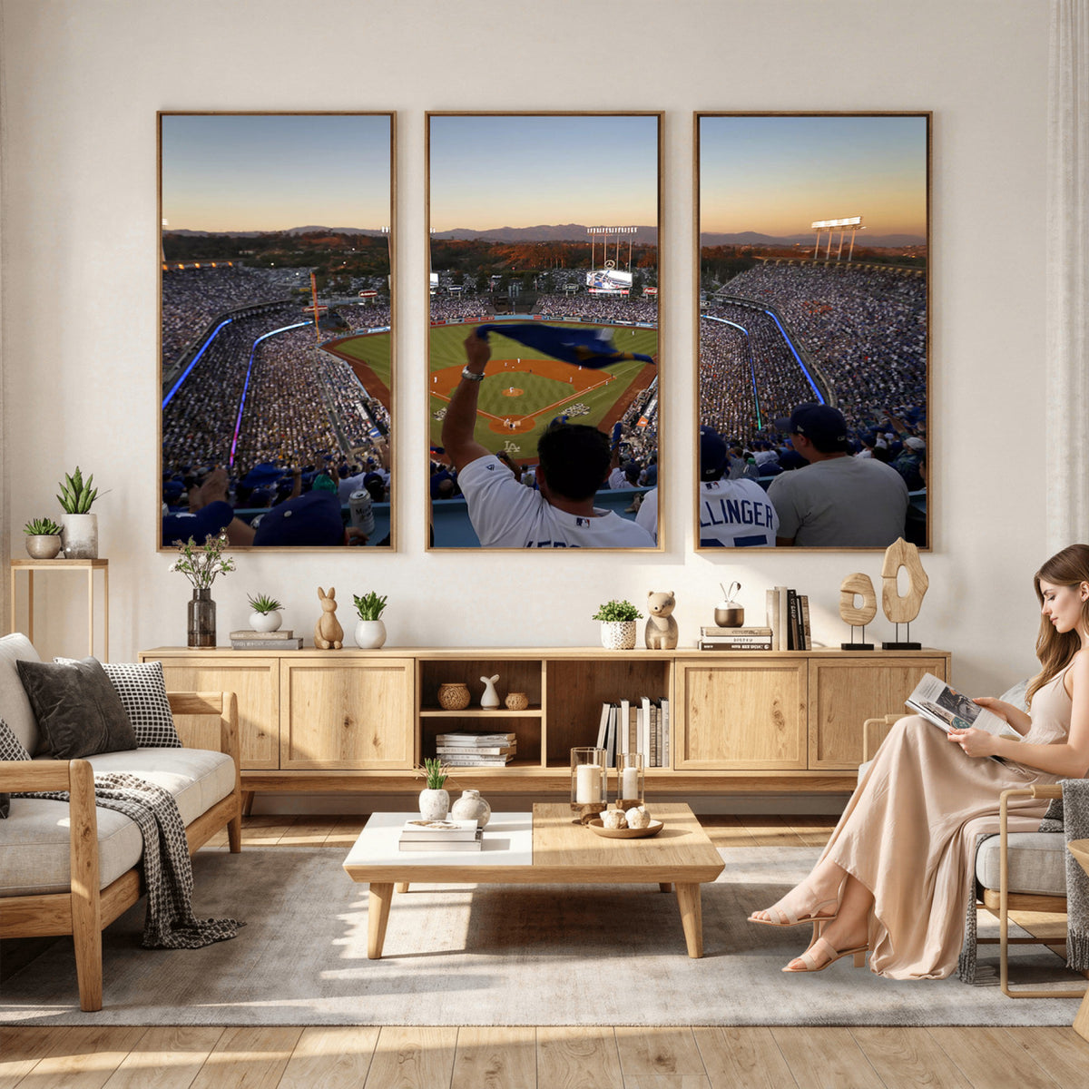 60162-MGV-CV-36X24 - Dodger Stadium Sunset Game Triple Canvas Wall Art, Los Angeles Dodgers MLB Match