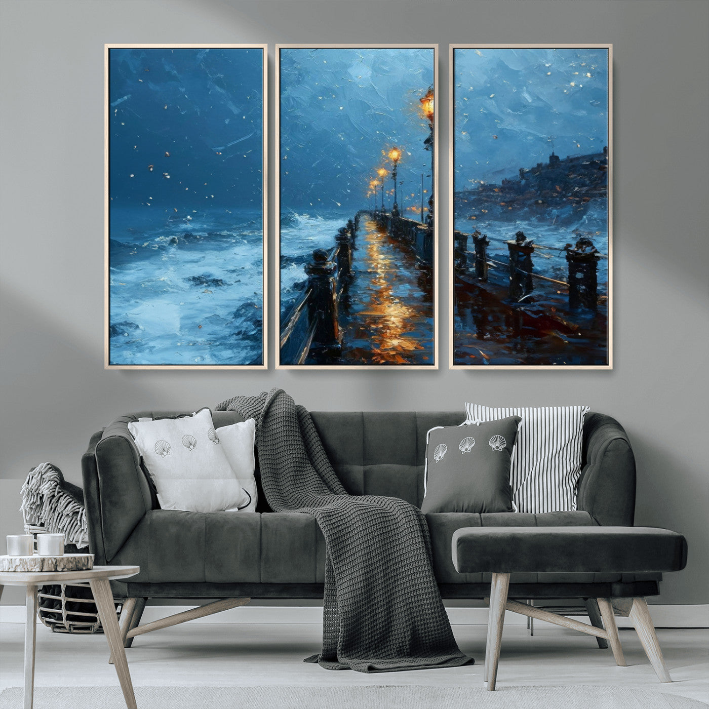 MGV-FC-48X32-3P - Stormy Night at Beach Pier Oil Painting Large Wall Art Print, Framed Canvas Nature Wall Decor,
