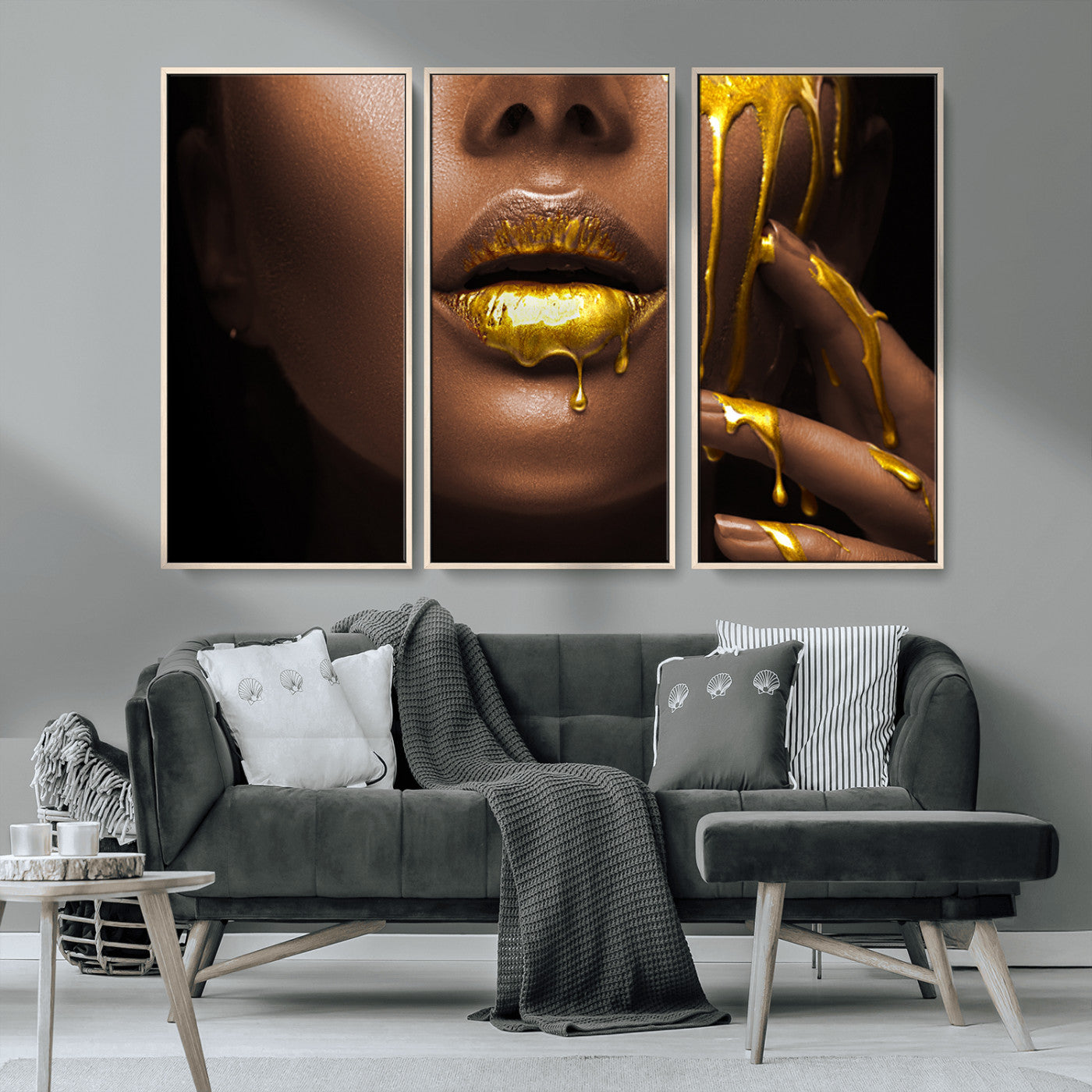 MGV-FC-48X32-3P - African American Art Black Woman Canvas Print, African Wall Art, Fashion African Woman Gold Lips