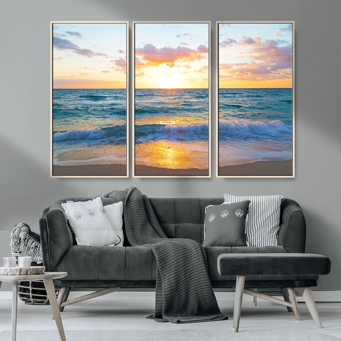 MGV-FC-48X32-3P - Golden Sunset Over Ocean Waves - Serene Coastal Triptych Wall Art for Relaxing Home Decor, Ready to