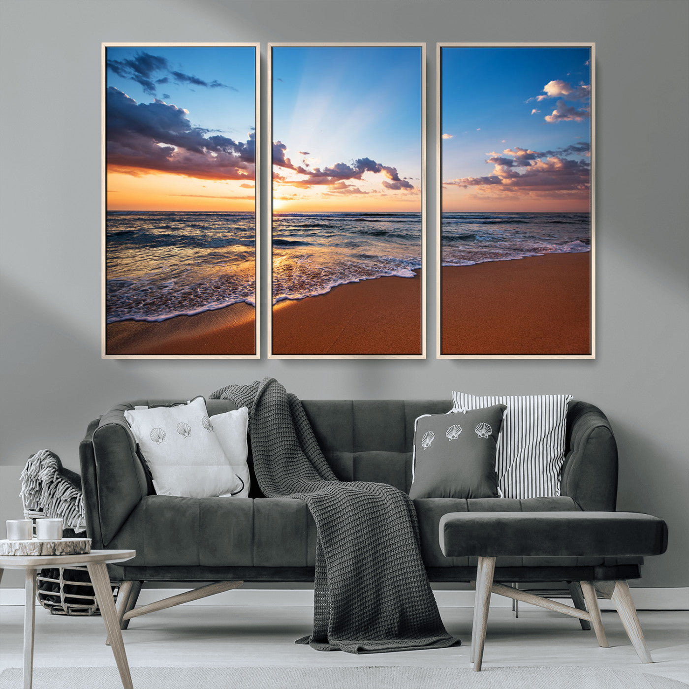 MGV-FC-48X32-3P - Golden Hour Beach Sunset Wall Art | Canvas Print | Ready to Hang | Coastal Wall Art for Living Room