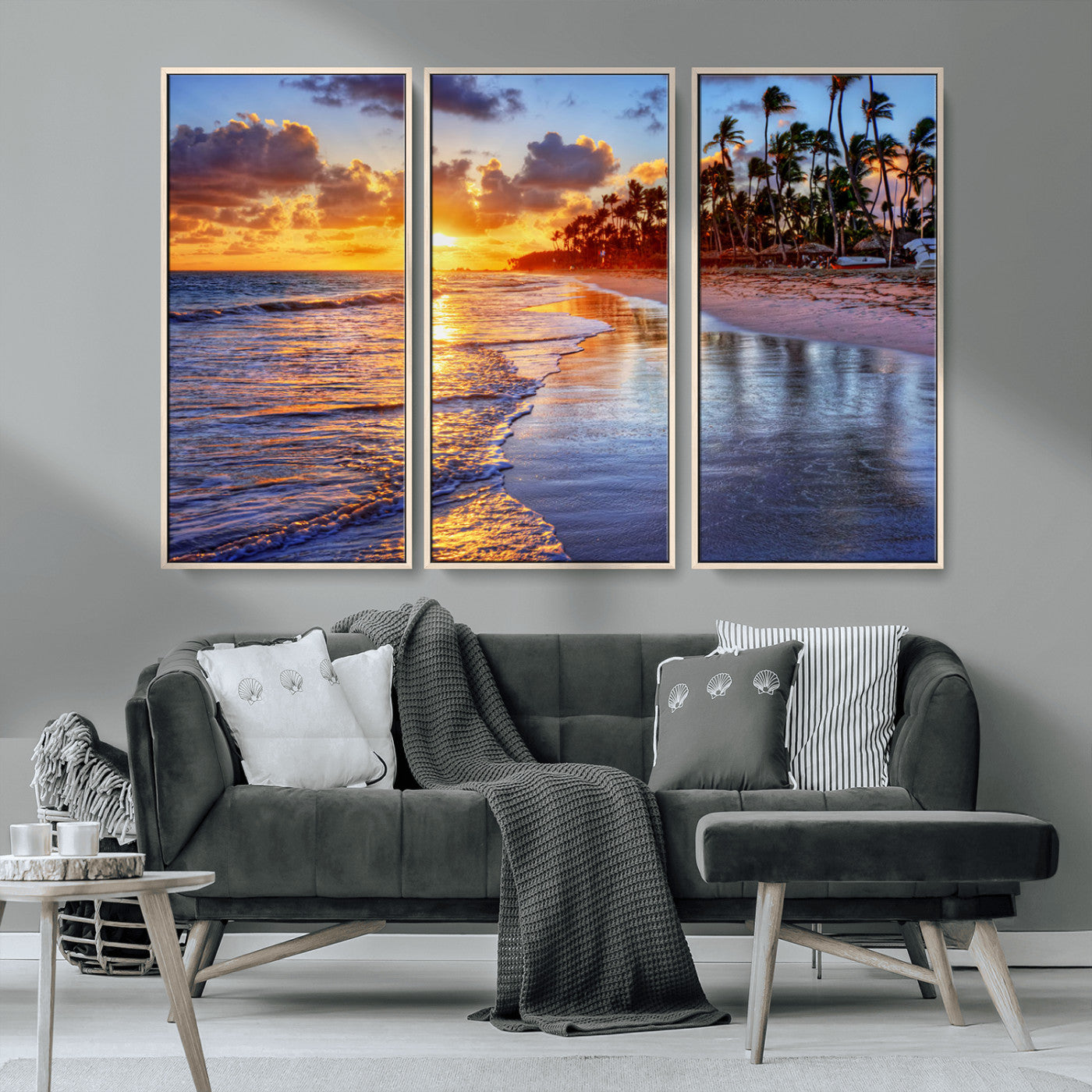 MGV-FC-48X32-3P - Serene Beach Sunset Wall Art Canvas- Coastal Seascape Print for Living Room or Bedroom, Ocean Waves