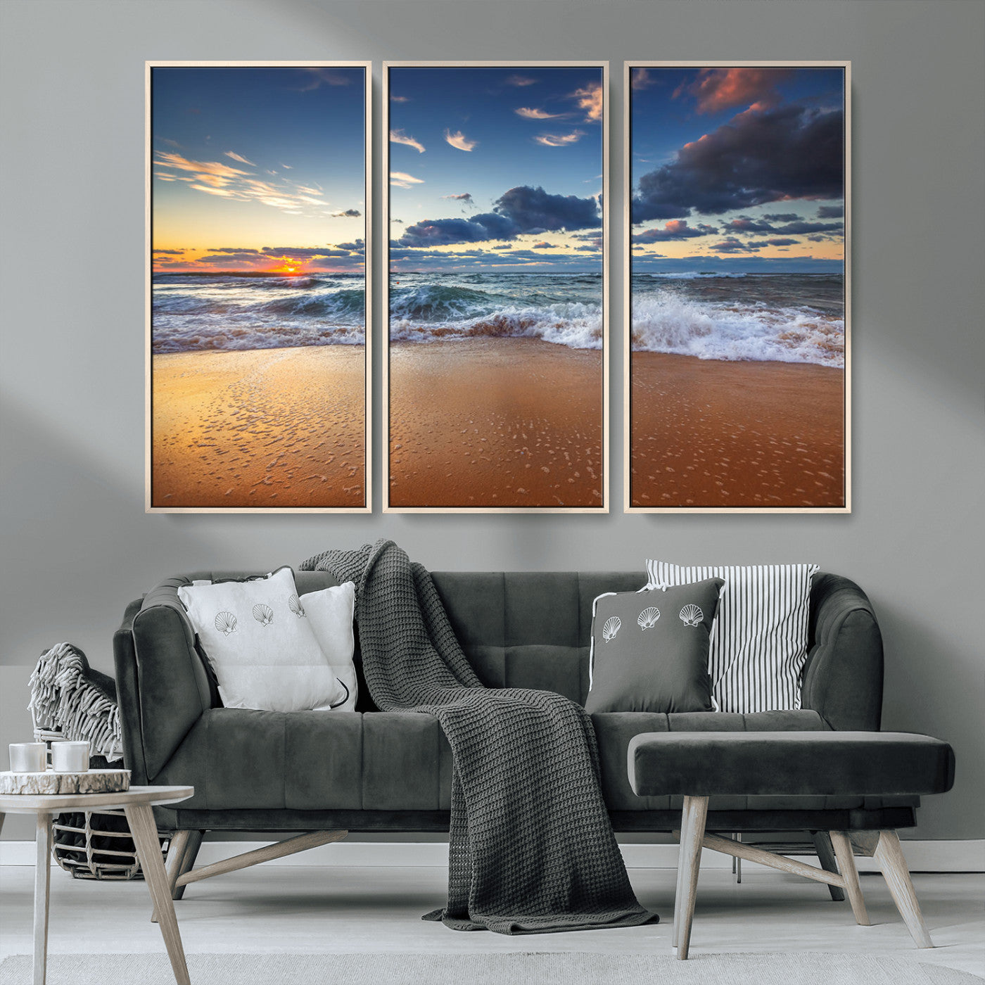 MGV-FC-48X32-3P - Beach Canvas Wall Art - Coastal Seascape Print for Living Room or Bedroom, Ocean Waves on Sand,