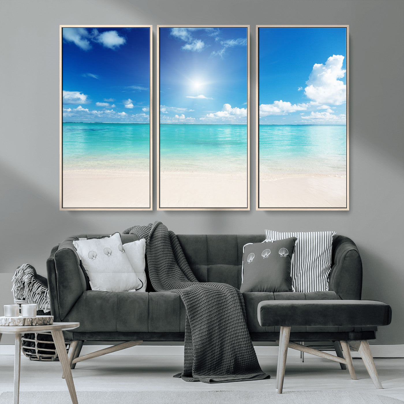 MGV-FC-48X32-3P - Blue Ocean Wall Art Canvas Print - Tranquil Ocean Paradise Triptych Wall Art - Ready to Hang Beach