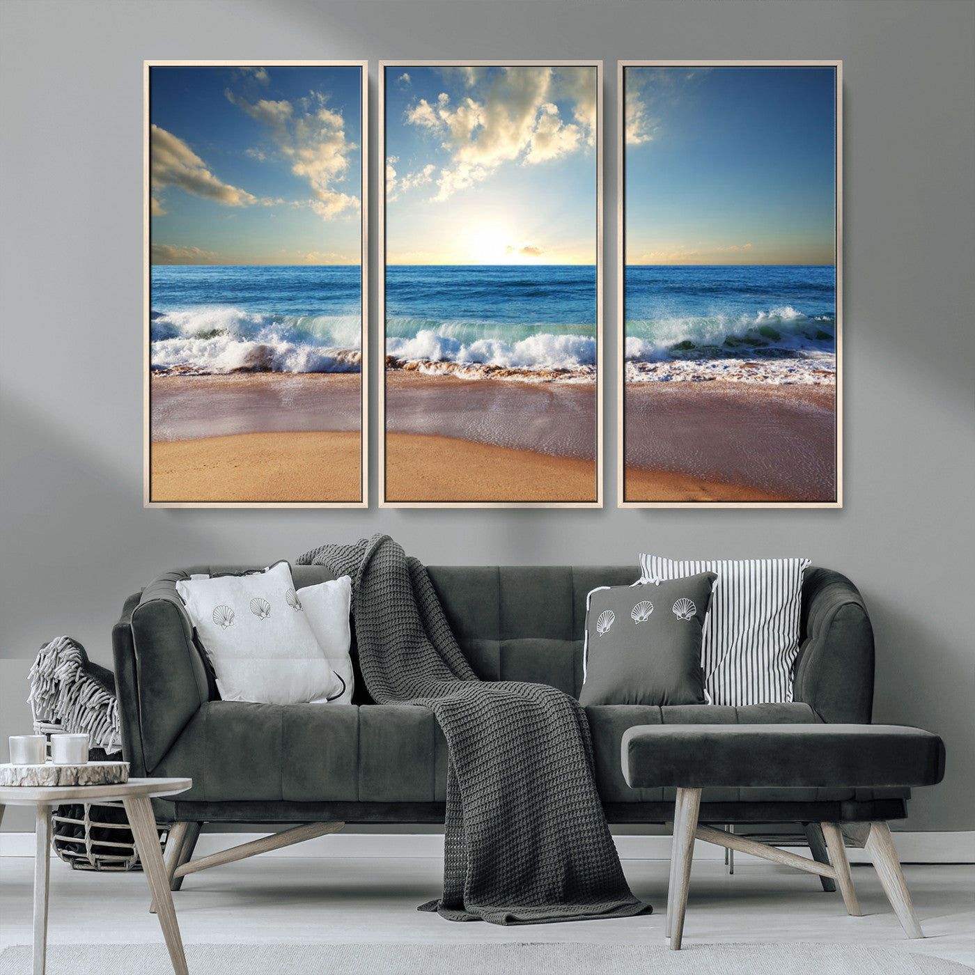 MGV-FC-48X32-3P - Serene Ocean Sunset Canvas Wall Art - Beach Waves at Sunset, Ready to Hang