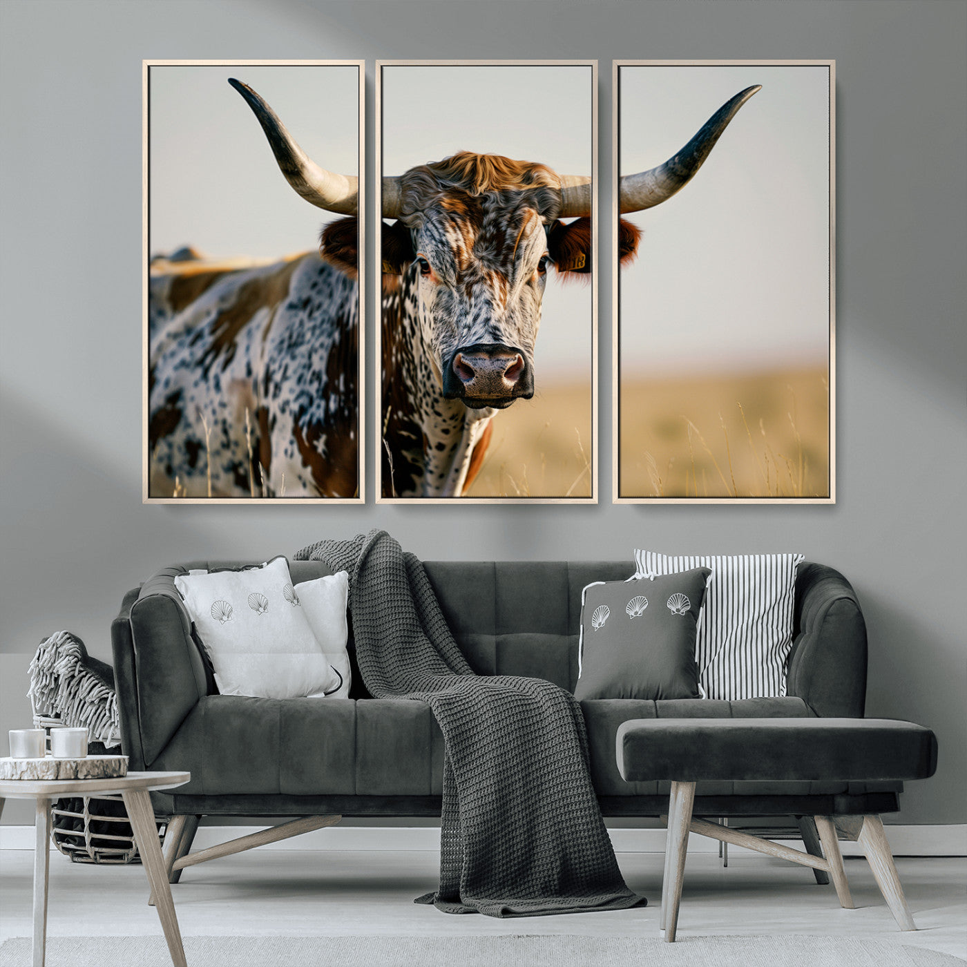 MGV-FC-48X32-3P - Texas Bull Longhorn Wall Art Canvas Print for Farm House Wall Decor, Farmhouse Wall Art Print
