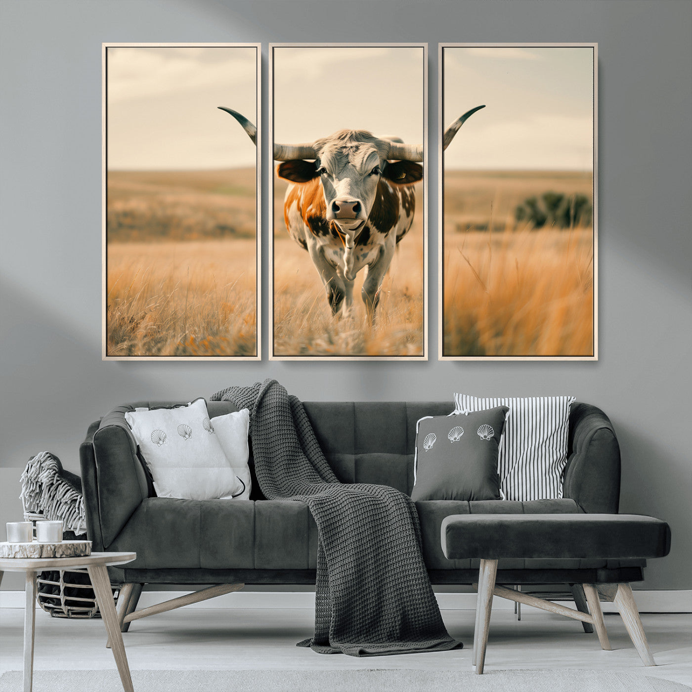 MGV-FC-48X32-3P - Texas Cow Wall Art Canvas Print for Farm House Wall Decor, Farmhouse Wall Art Print