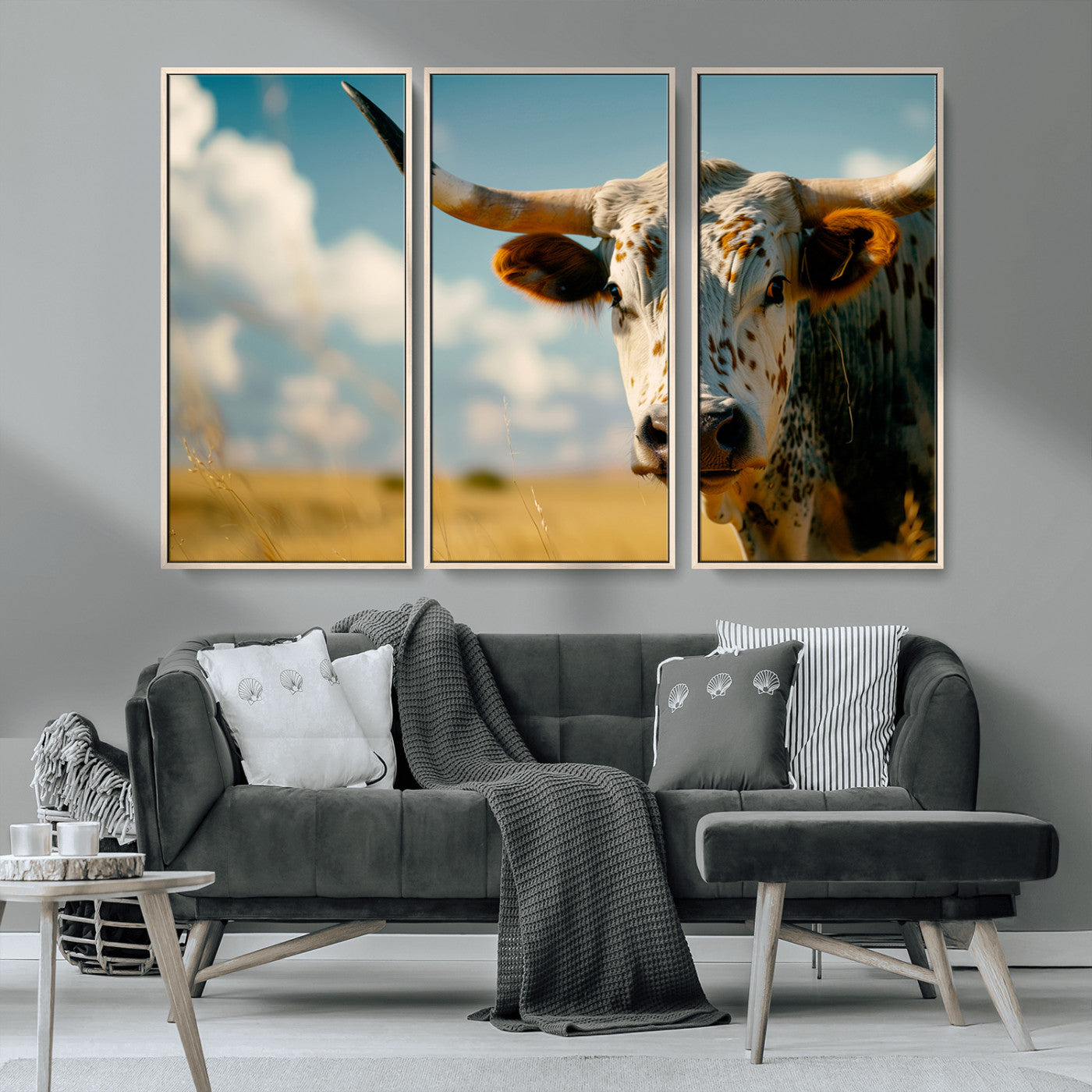 MGV-FC-48X32-3P - Longhorn in the Prairie - Stunning Ranch-Style Triptych Wall Art for Western Home Decor, Cowboy Wall