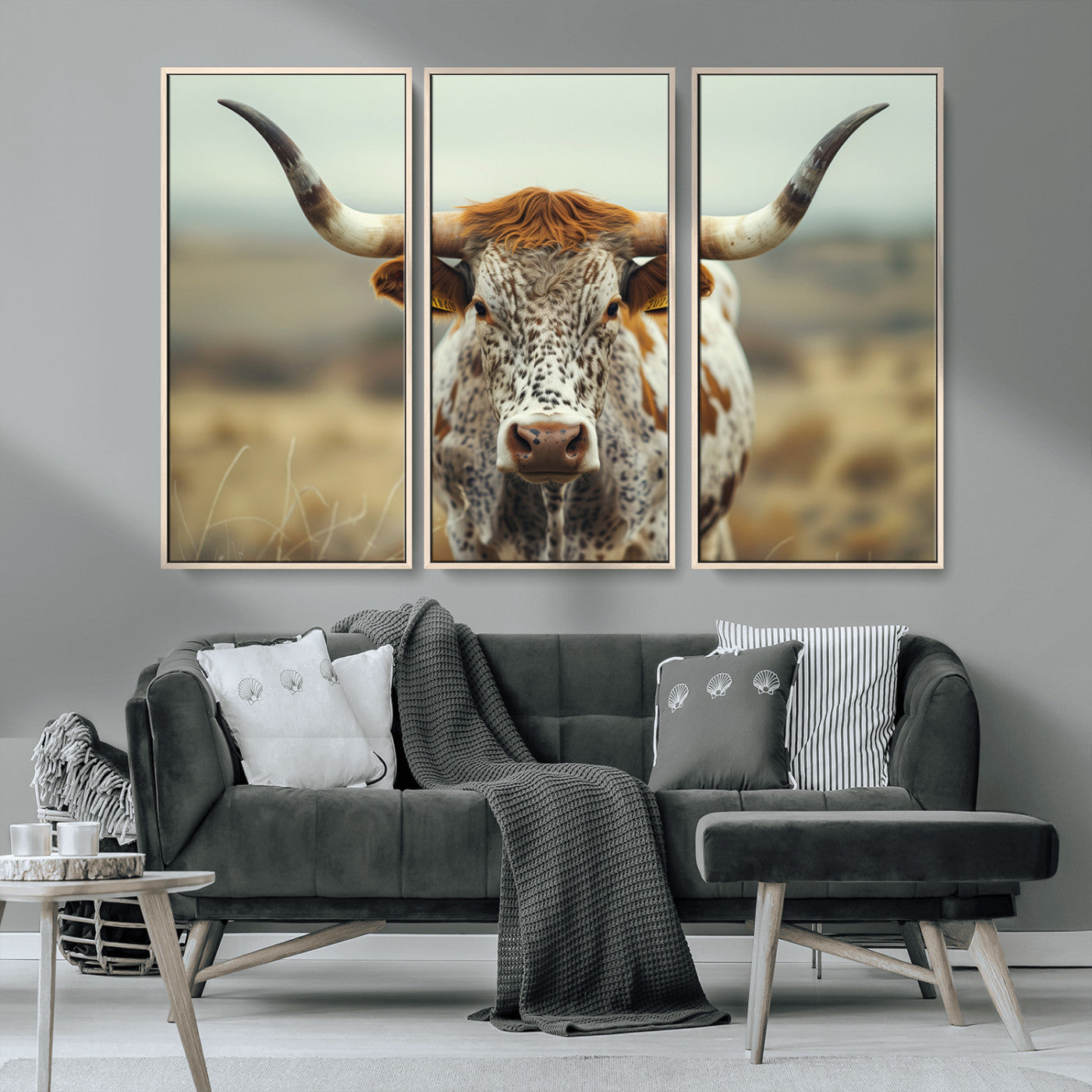 MGV-FC-48X32-3P - Texas Cow Longhorn Wall Art Canvas Print for Farm House Wall Decor, Farmhouse Wall Art Print