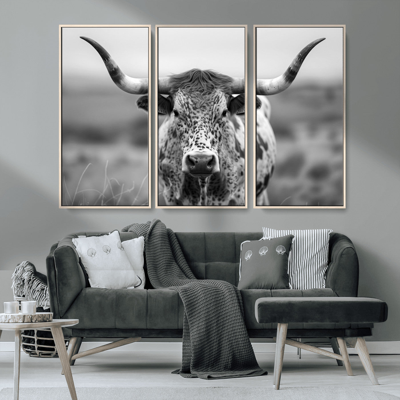 MGV-FC-48X32-3P - Texas Cow Longhorn Wall Art Canvas Print for Farm House Wall Decor, Farmhouse Wall Art Print