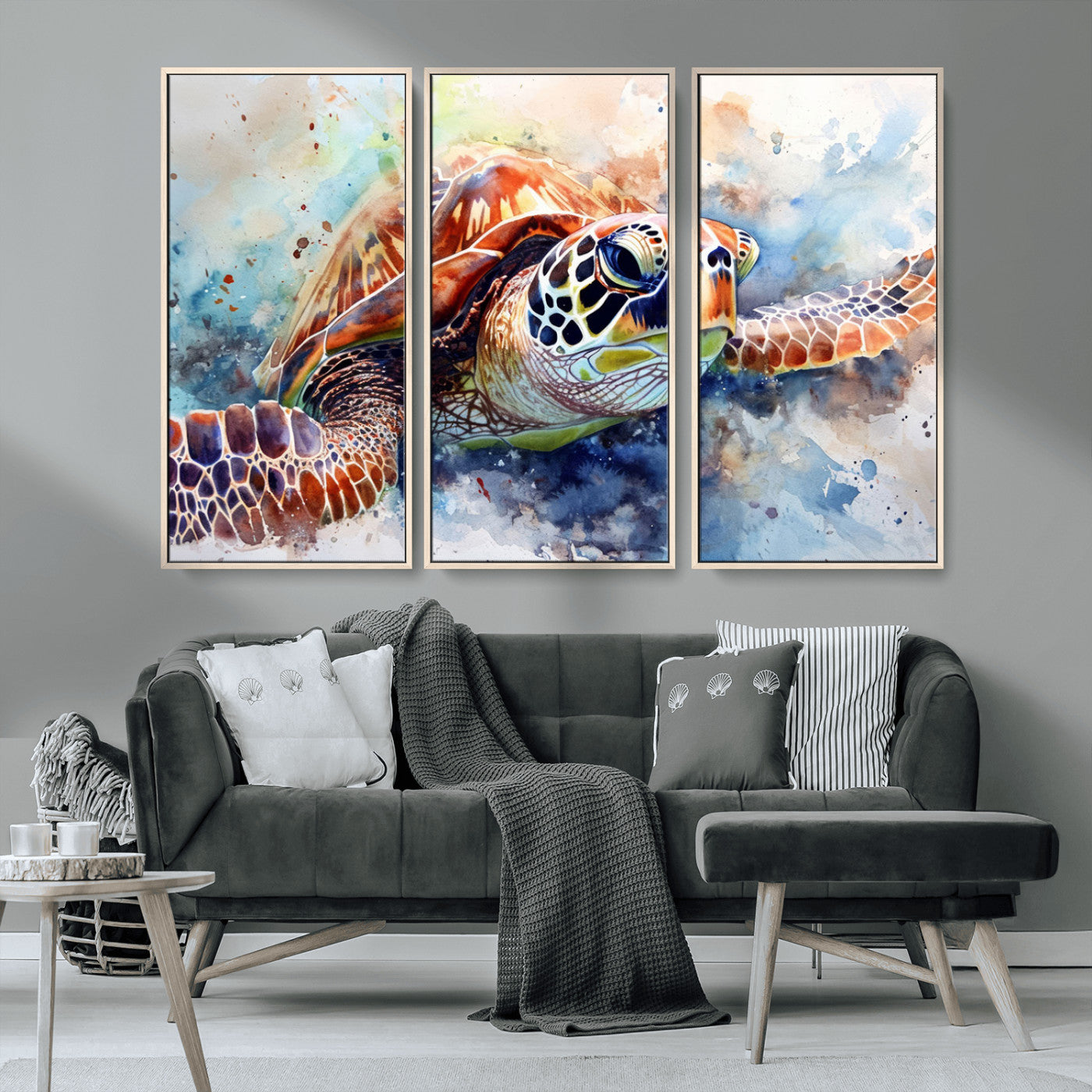 MGV-FC-48X32-3P - Watercolor Sea Turtle Wall Art Canvas Print - Vibrant Ocean Colors in Watercolor Style - Ready to