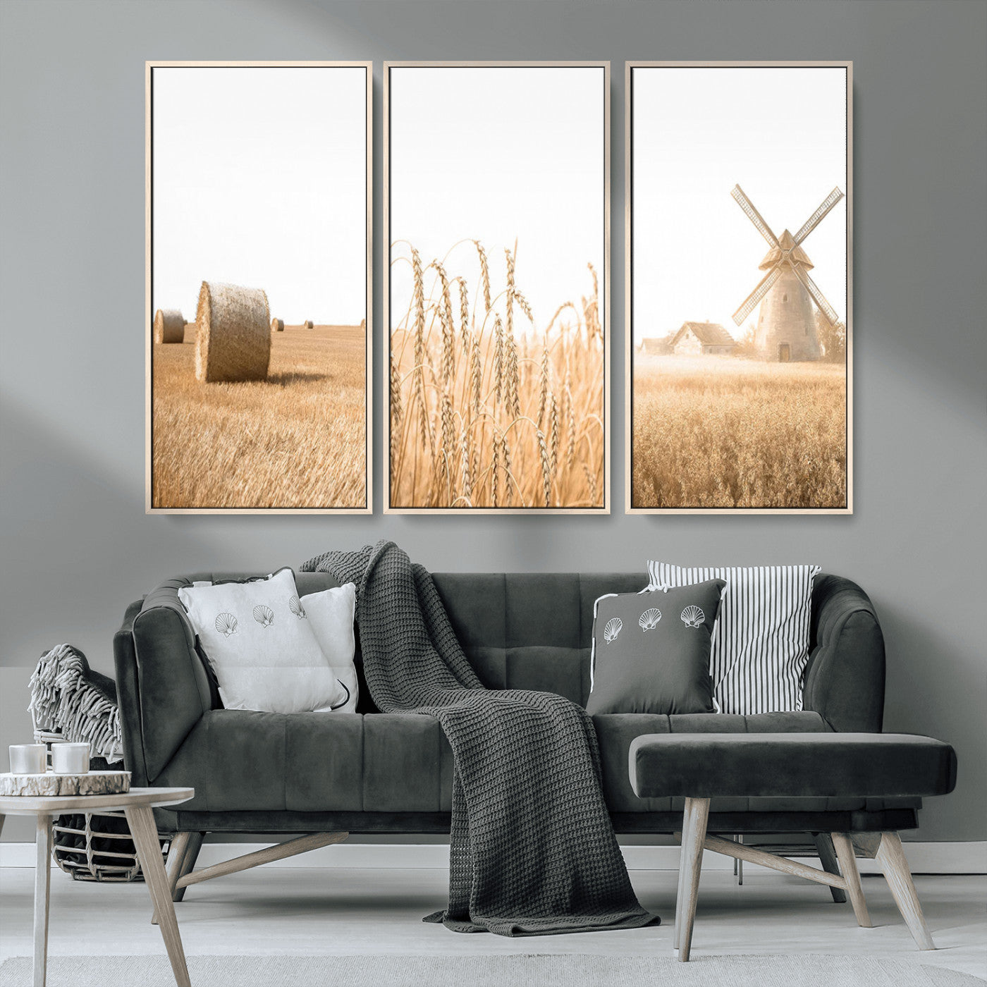 MGV-FC-48X32-3P - Vintage Farmhouse Triptych Wall Art – Giclée Canvas Featuring Wheat Fields, Hay Bales, and a