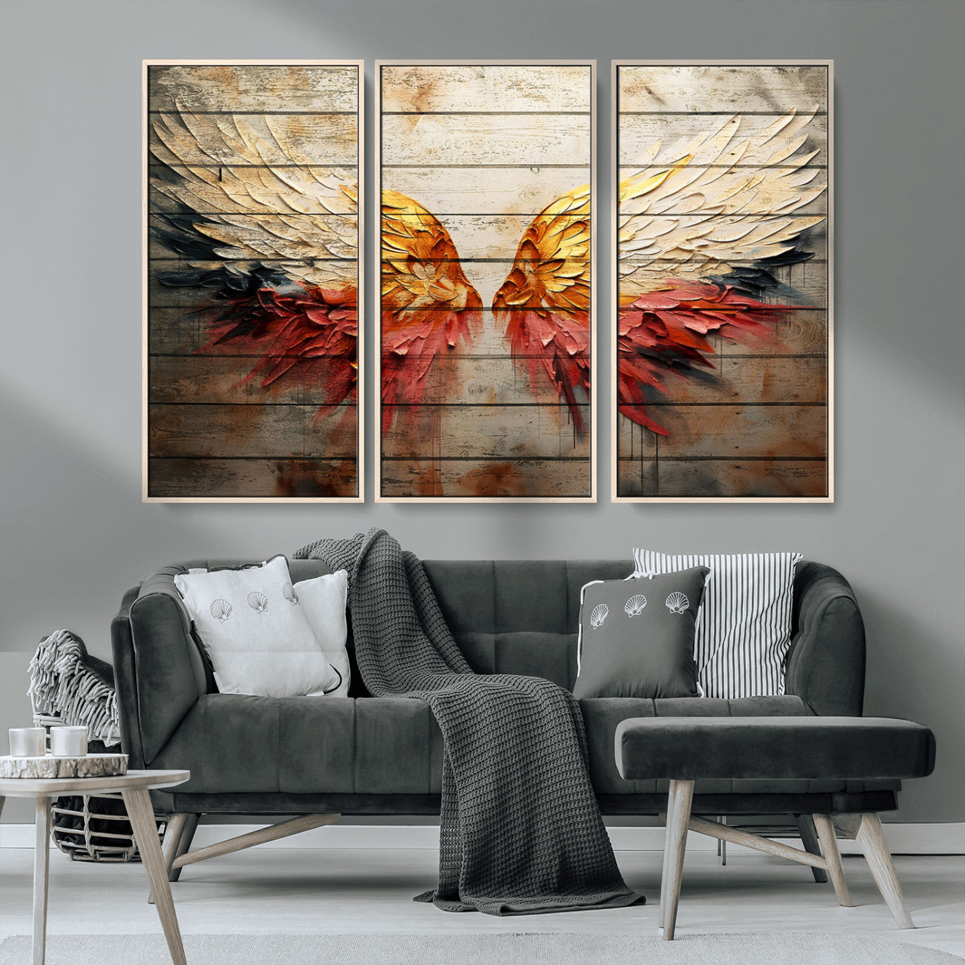 MGV-FC-48X32-3P - Abstract Angel Wings Canvas Wall Art – Framed and Ready to Hang Modern Angelic Wings Decor for