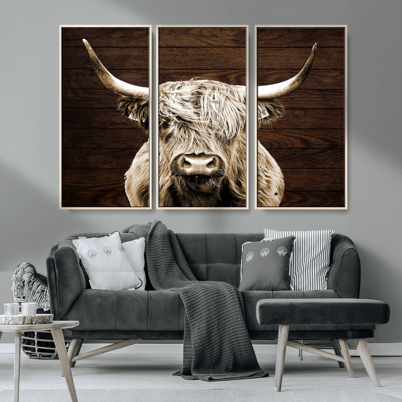 MGV-FC-48X32-3P - Highland Cow Wall Art Canvas Print, Rustic Farmhouse Decor, Majestic Scottish Highland Bull Portrait