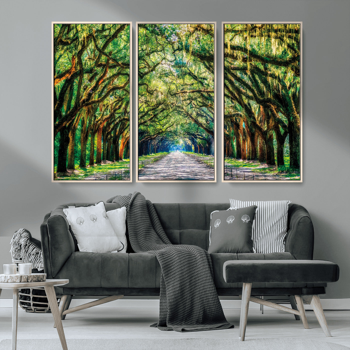 MGV-FC-48X32-3P - Serene Tree Tunnel Wall Art Canvas Print – Pathway Under Canopy of Lush Green Trees, Nature-Inspired