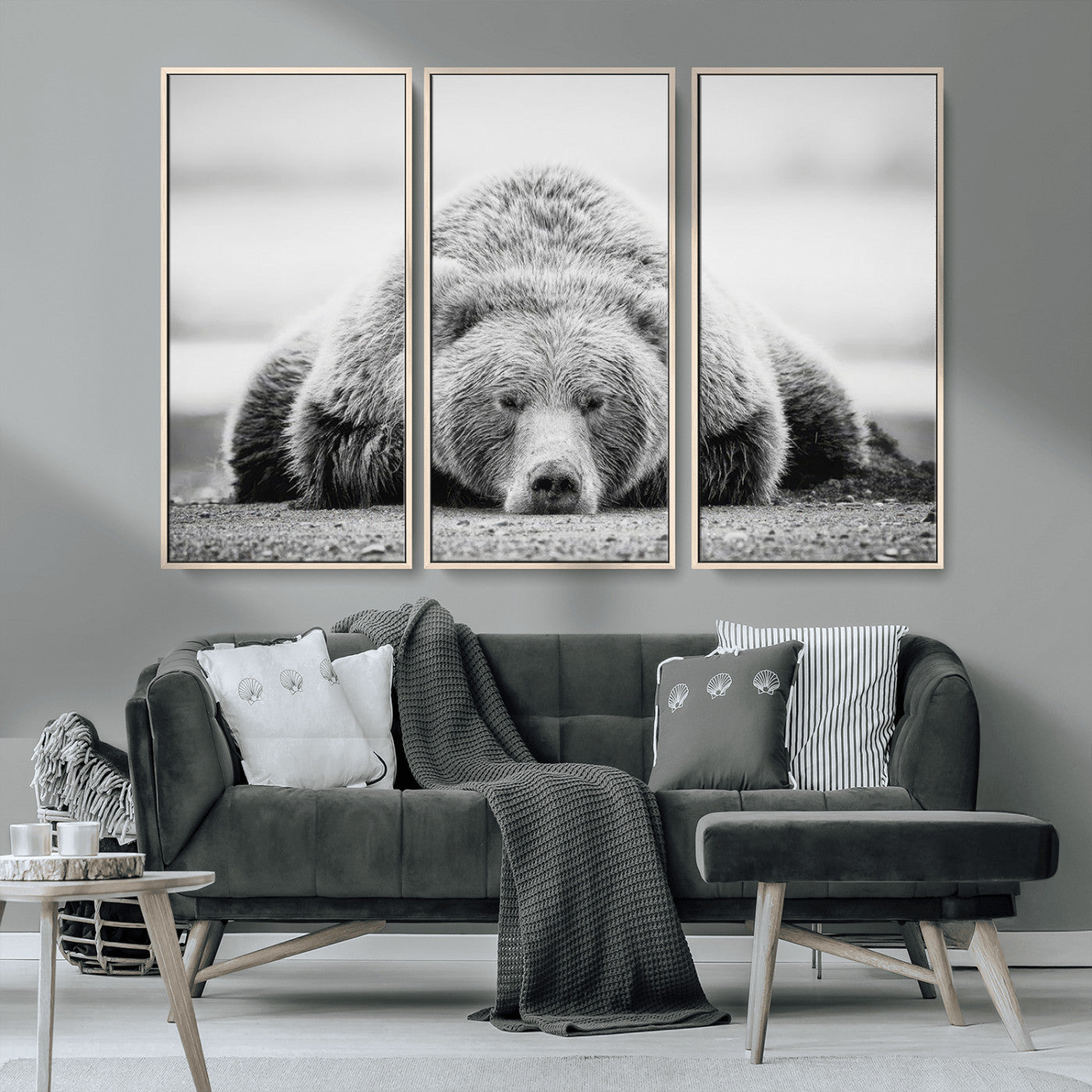 MGV-FC-48X32-3P - Resting Grizzly Bear Wall Art Canvas Print – Majestic Lazy Black and White Wildlife Bear Art,