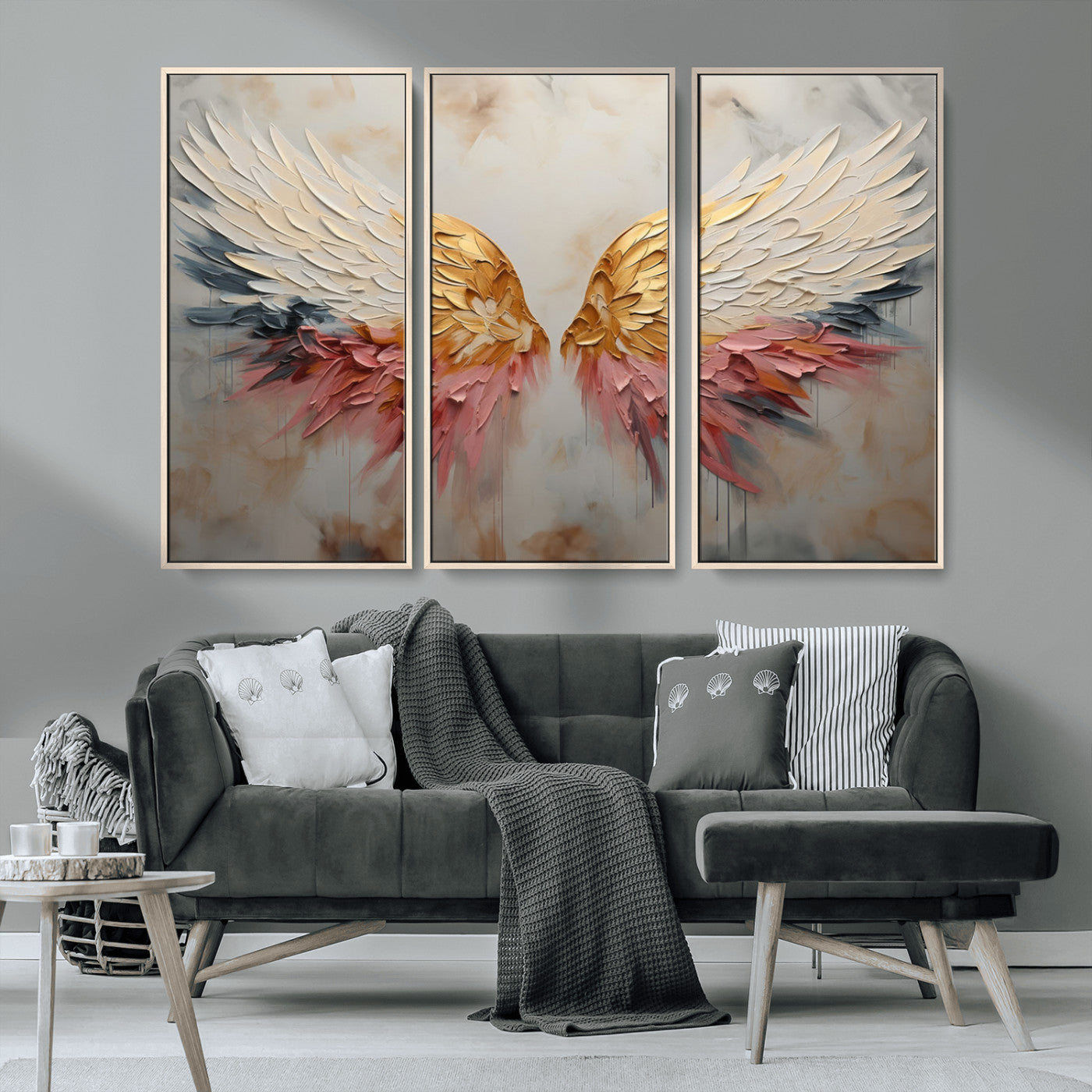 MGV-FC-48X32-3P - Golden Angel Wings Wall Art Canvas Print – Stunning Abstract Winged Art for Elegant Home Decor –