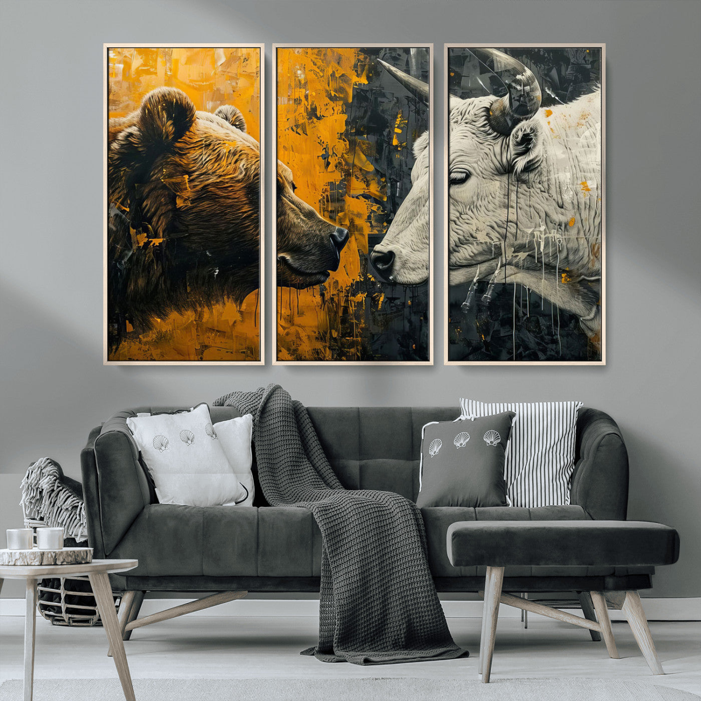 MGV-FC-48X32-3P - Bear and Bull Wall Art Canvas Print – Abstract Animal Portrait Painting for Modern Home Decor –