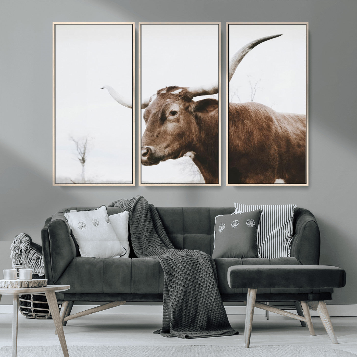 MGV-FC-48X32-3P - Rustic Bull Wall Art Canvas Print – Modern Longhorn Farmhouse Animal Decor – Abstract Farm Cow