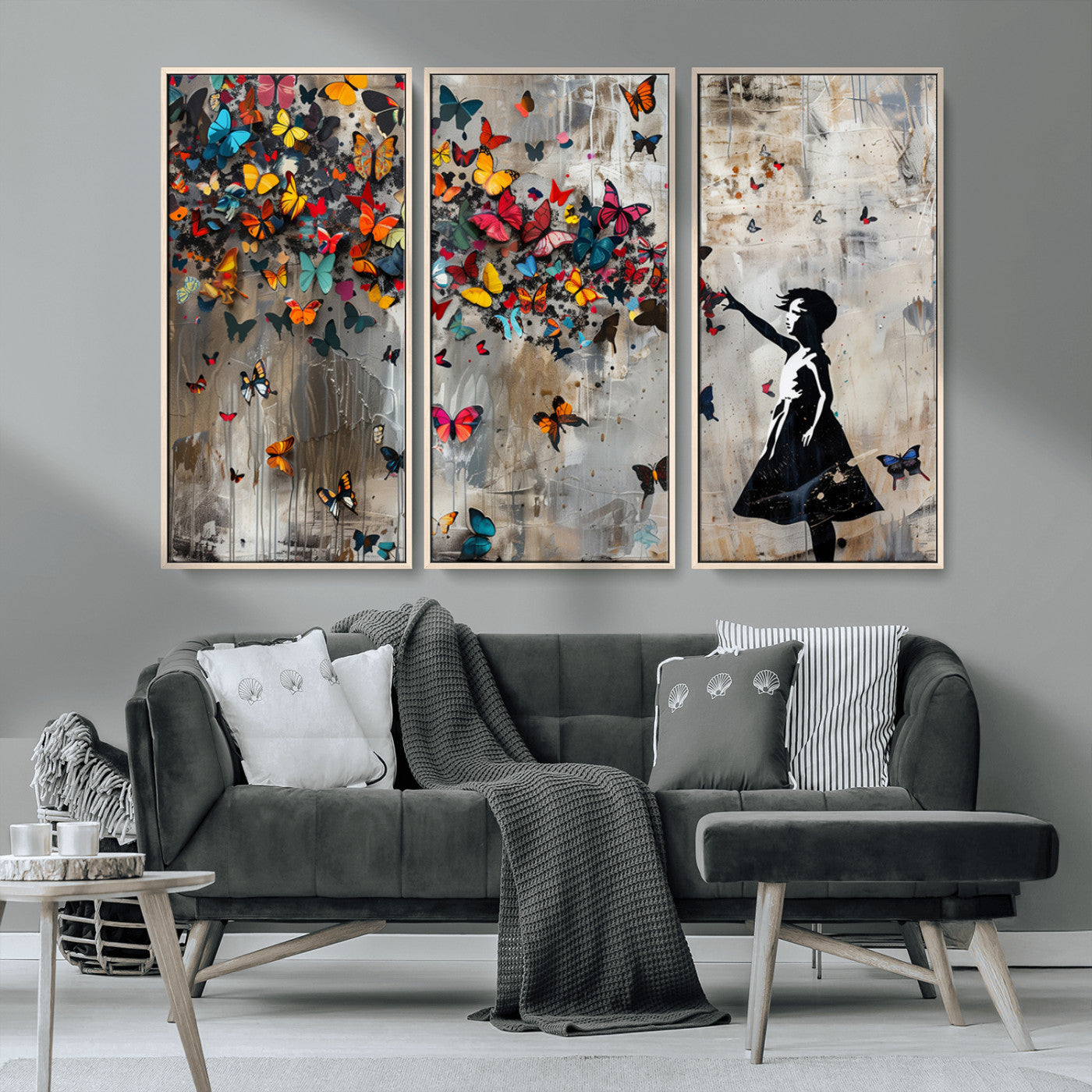MGV-FC-48X32-3P - Banksy Wall Art - Banksy Girl and Butterfly Explosion Wall Art Canvas Print | Girl with Butterflies