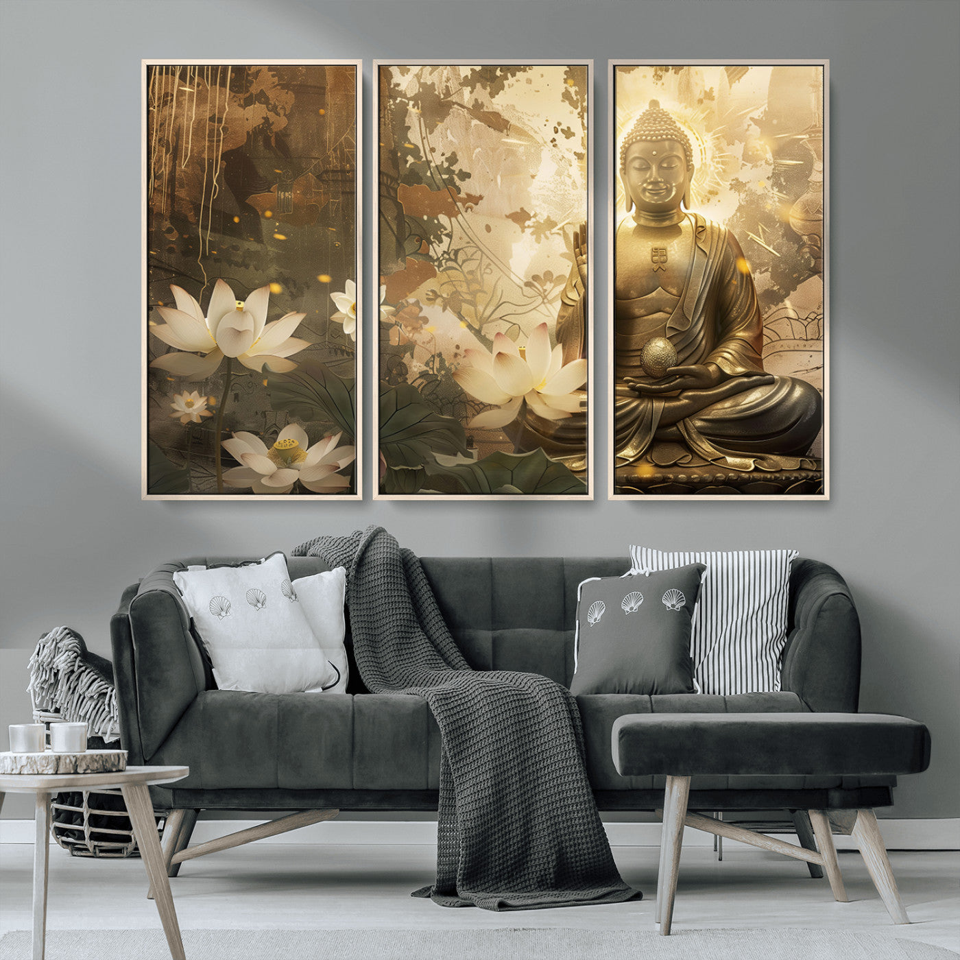 MGV-FC-48X32-3P - Zen Buddha Wall Art Canvas Print | Peaceful Meditation Decor with Lotus Flowers | Spiritual Serenity