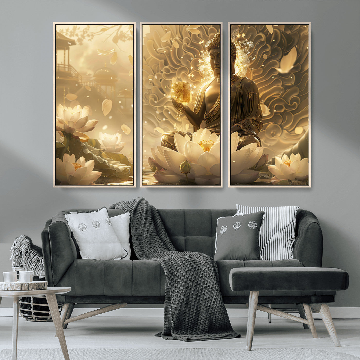 MGV-FC-48X32-3P - Golden Buddha Wall Art | Yoga Room Decor and Meditation Room Wall Art | Framed and Ready to Hang