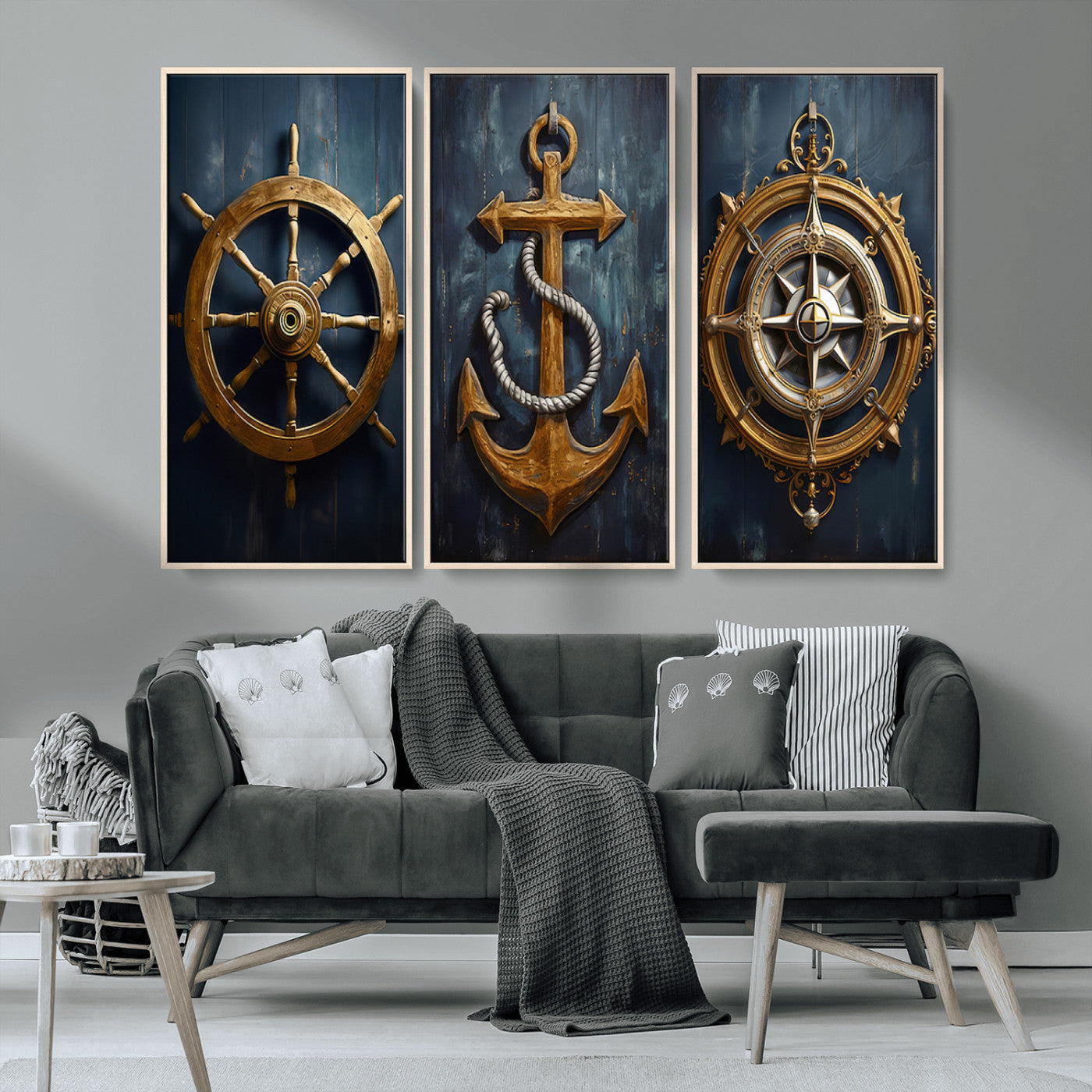 MGV-FC-48X32-3P - Boat Anchor Compass With Rope Wall Art Canvas Print | Beach House Wall Art